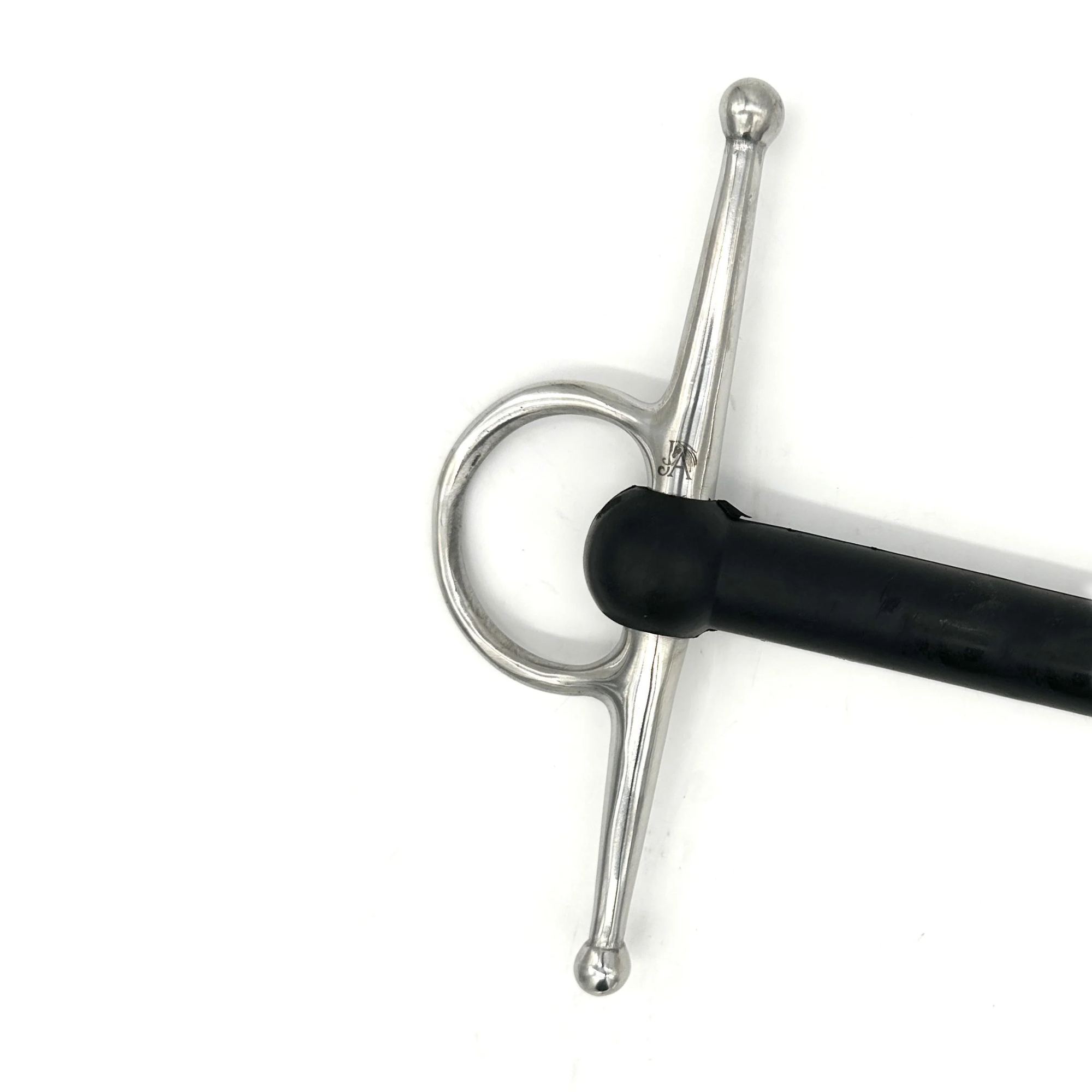 Close up of a cheekpiece on a Jake Adams Equestrian Soft Flexi Mouth Full Check bit on a white background.