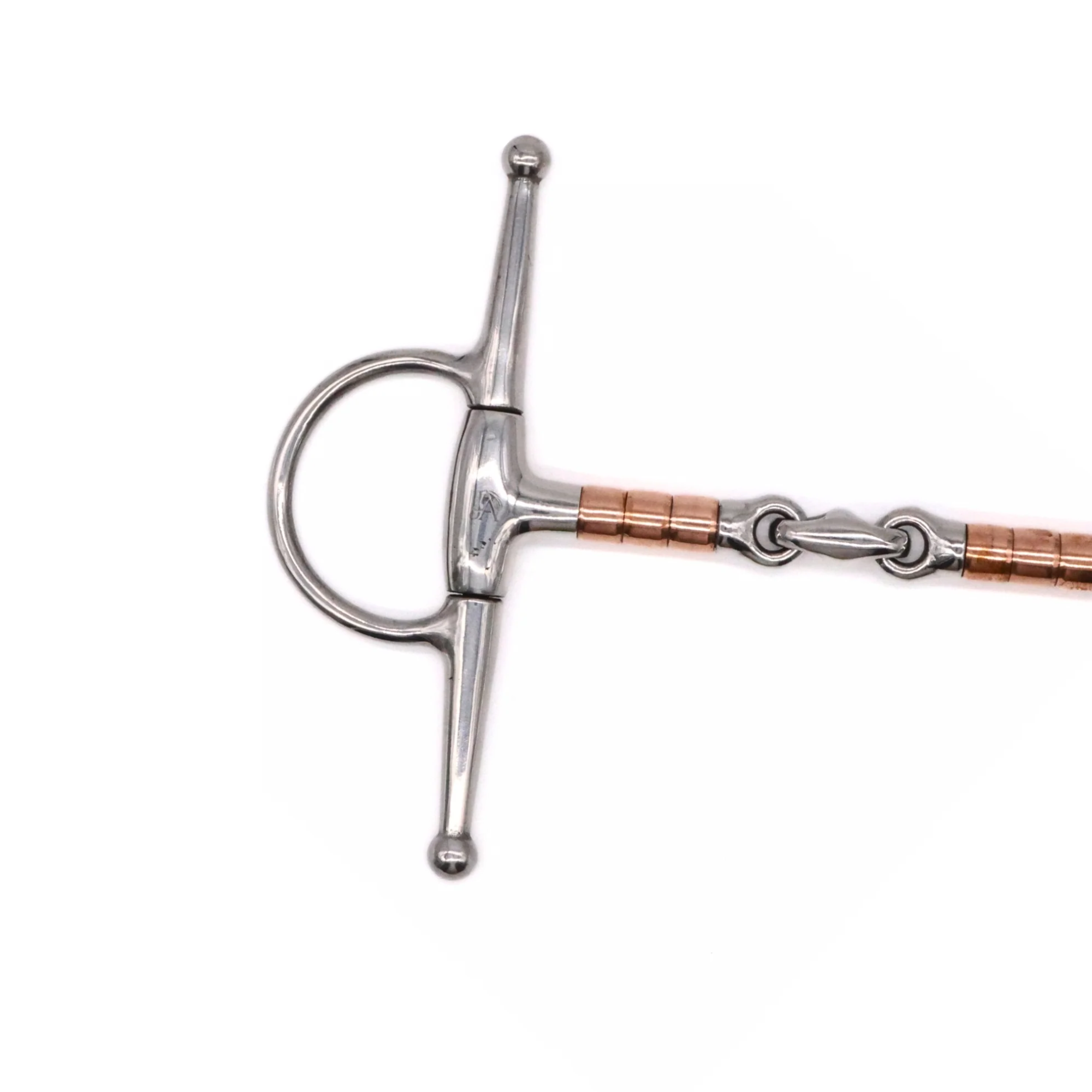 Close up view of the full cheek cheekpiece on a Jake Adams Equestrian Copper Roller Elliptical Full Cheek Bit on a white background.