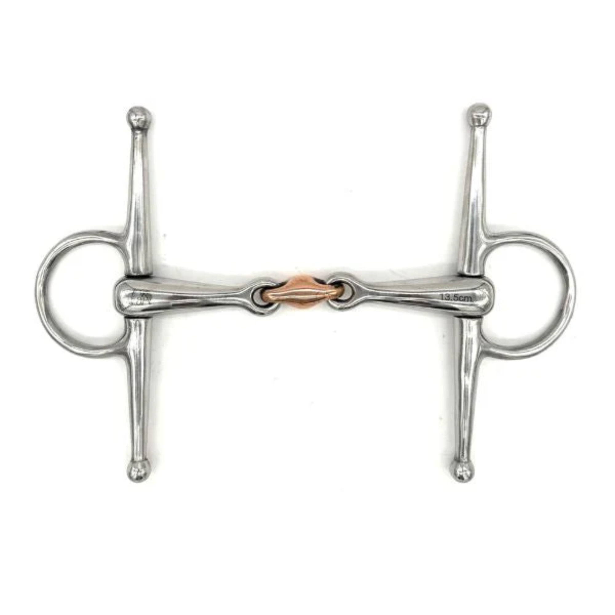 Jake Adams Equestrian Double Jointed Copper Elliptical Full Cheek bit on a white background