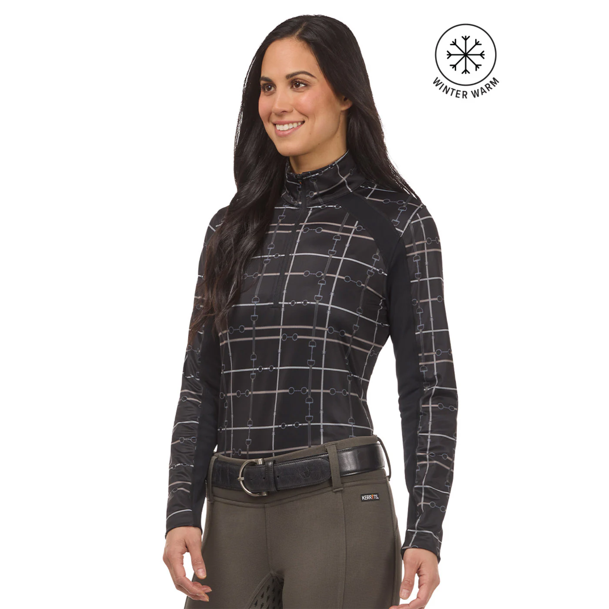Kerrits First Level Quarter Zip Stretch Fleece Tech Top,Black Bridle Plaid