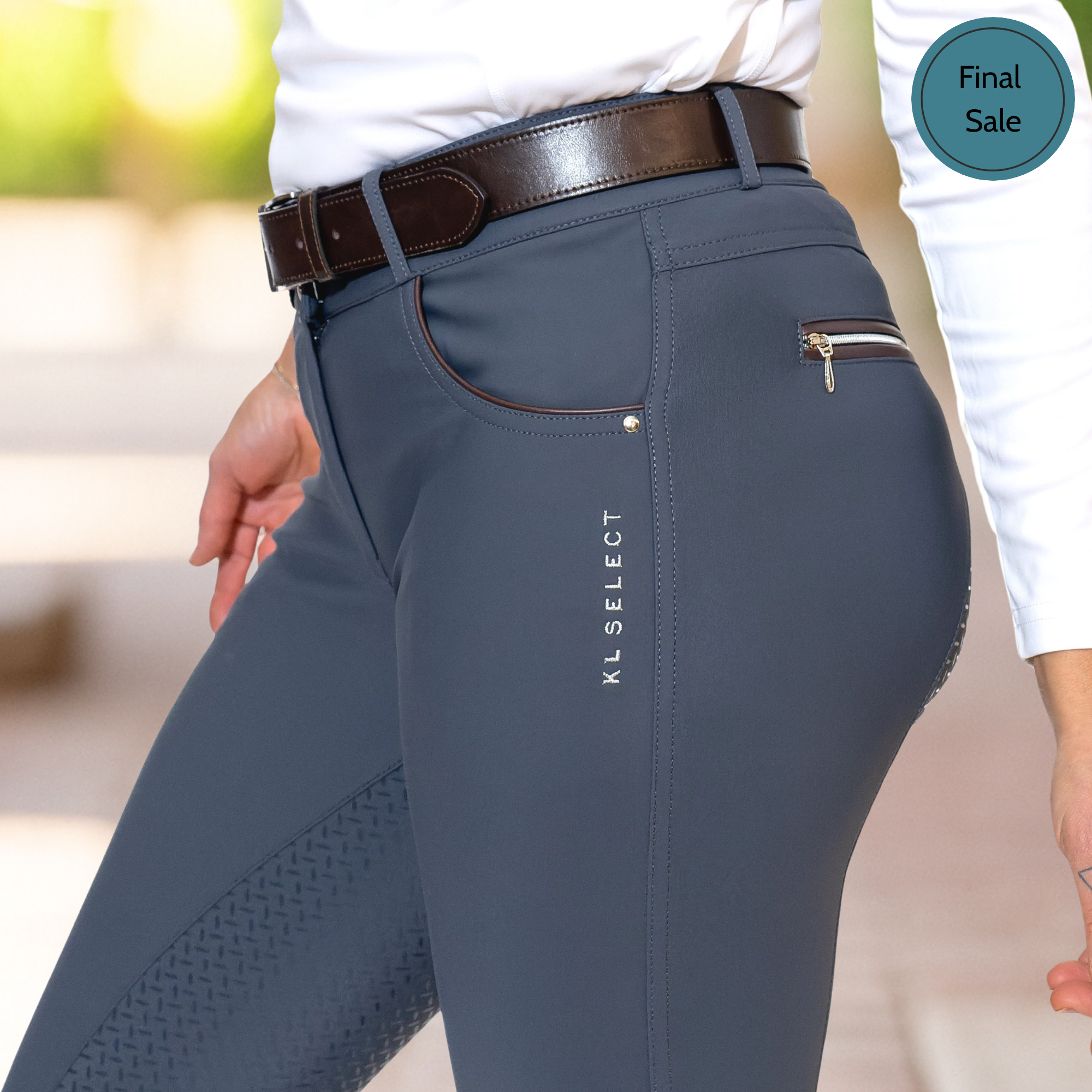KL Select Gabrielle Full Seat Breeches, Slate with Expresso Piping