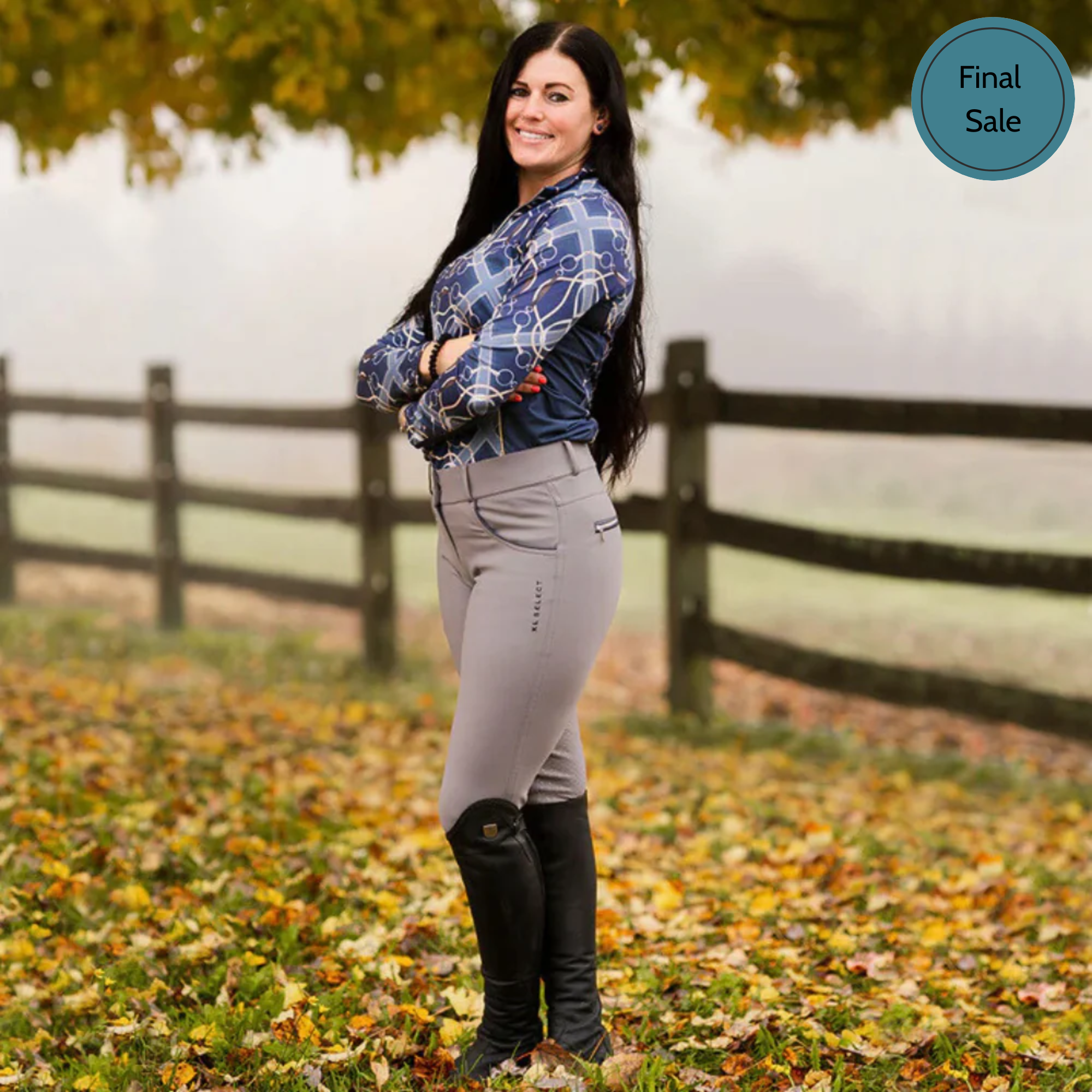 KL Select Gabrielle Knee Patch Breeches, Grey with Navy Piping