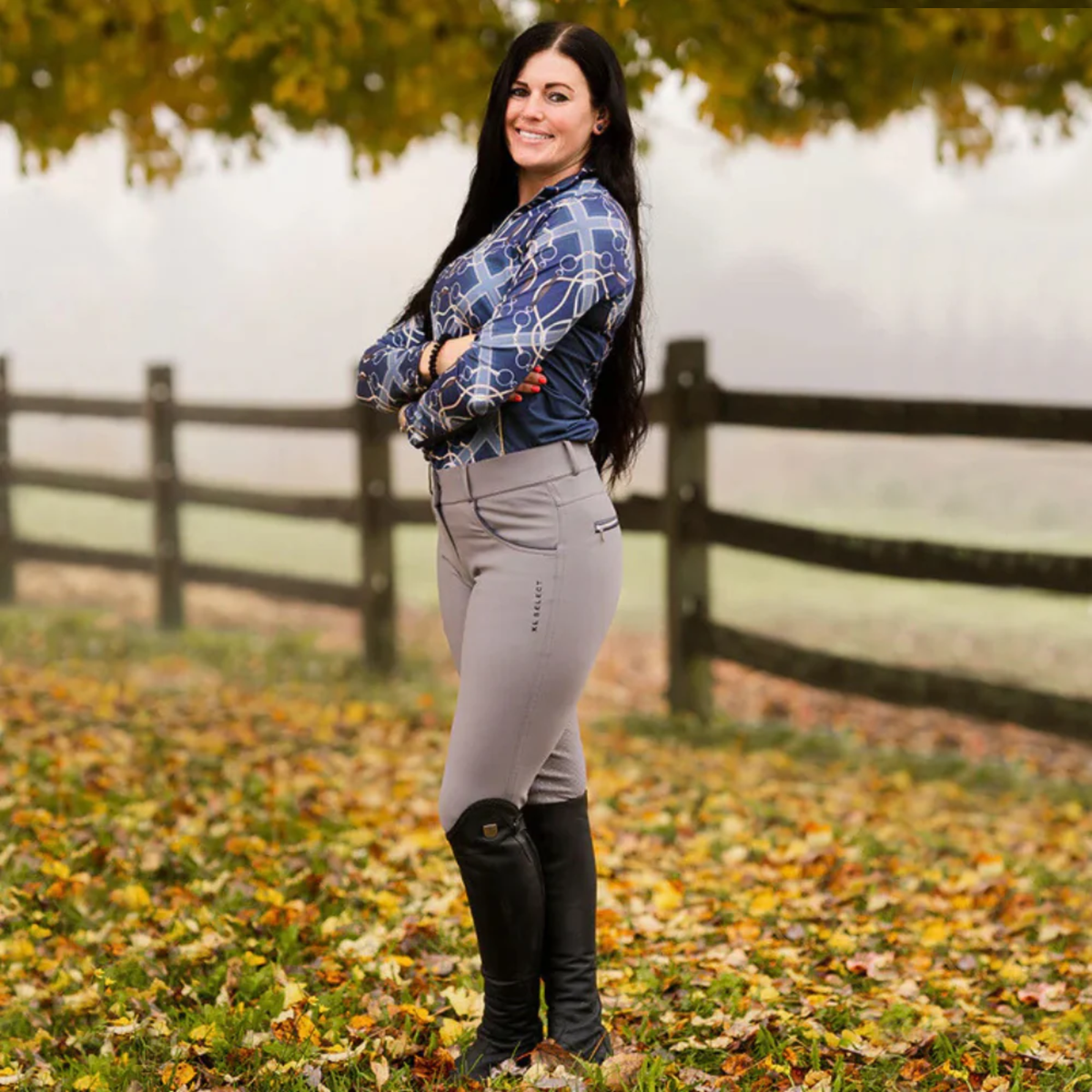 KL Select Gabrielle Knee Patch Breeches, Grey/Navy Piping