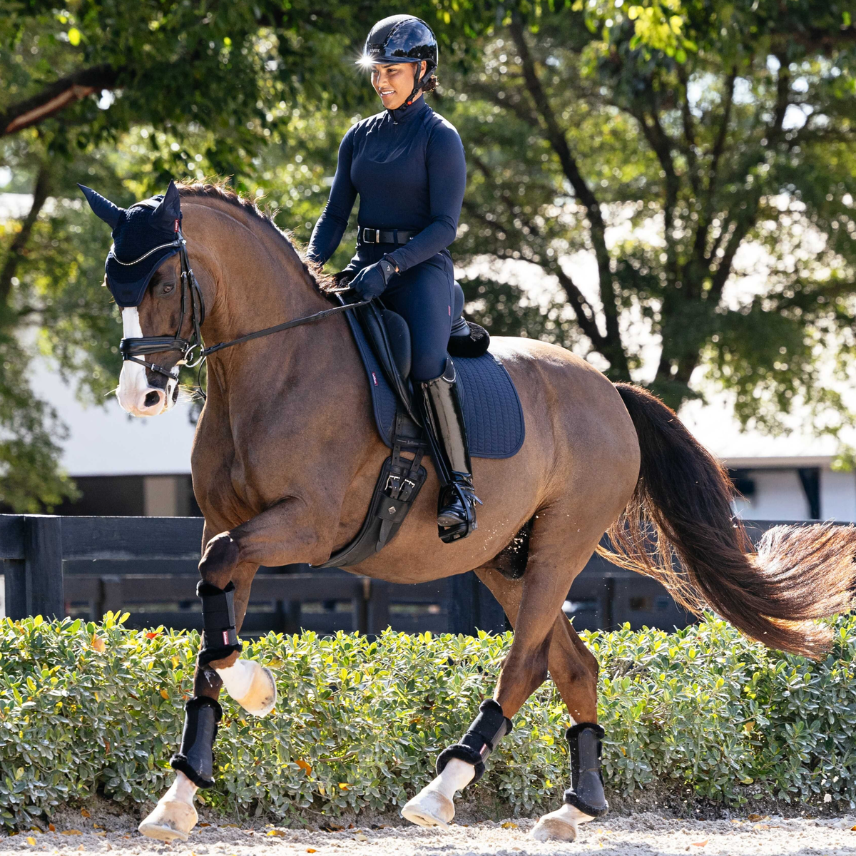 Person riding a horse in an outdoor equestrian setting with trees and a fence in the background.