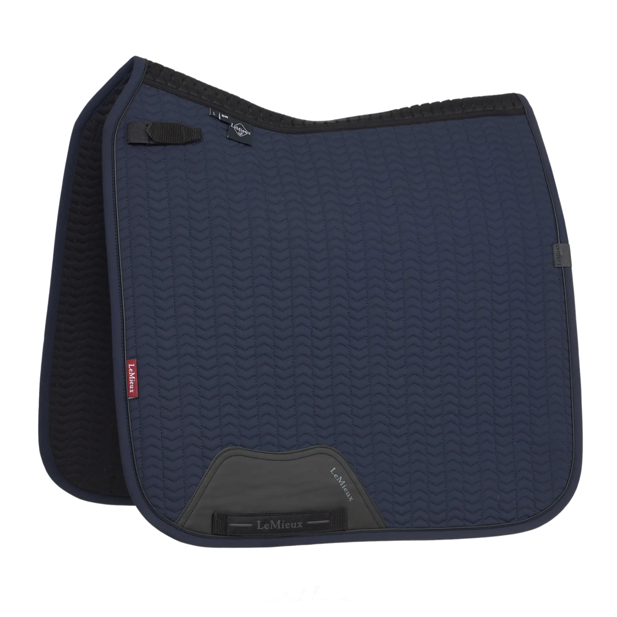 Navy blue LeMieux Essence dressage saddle pad with black accents on a white background