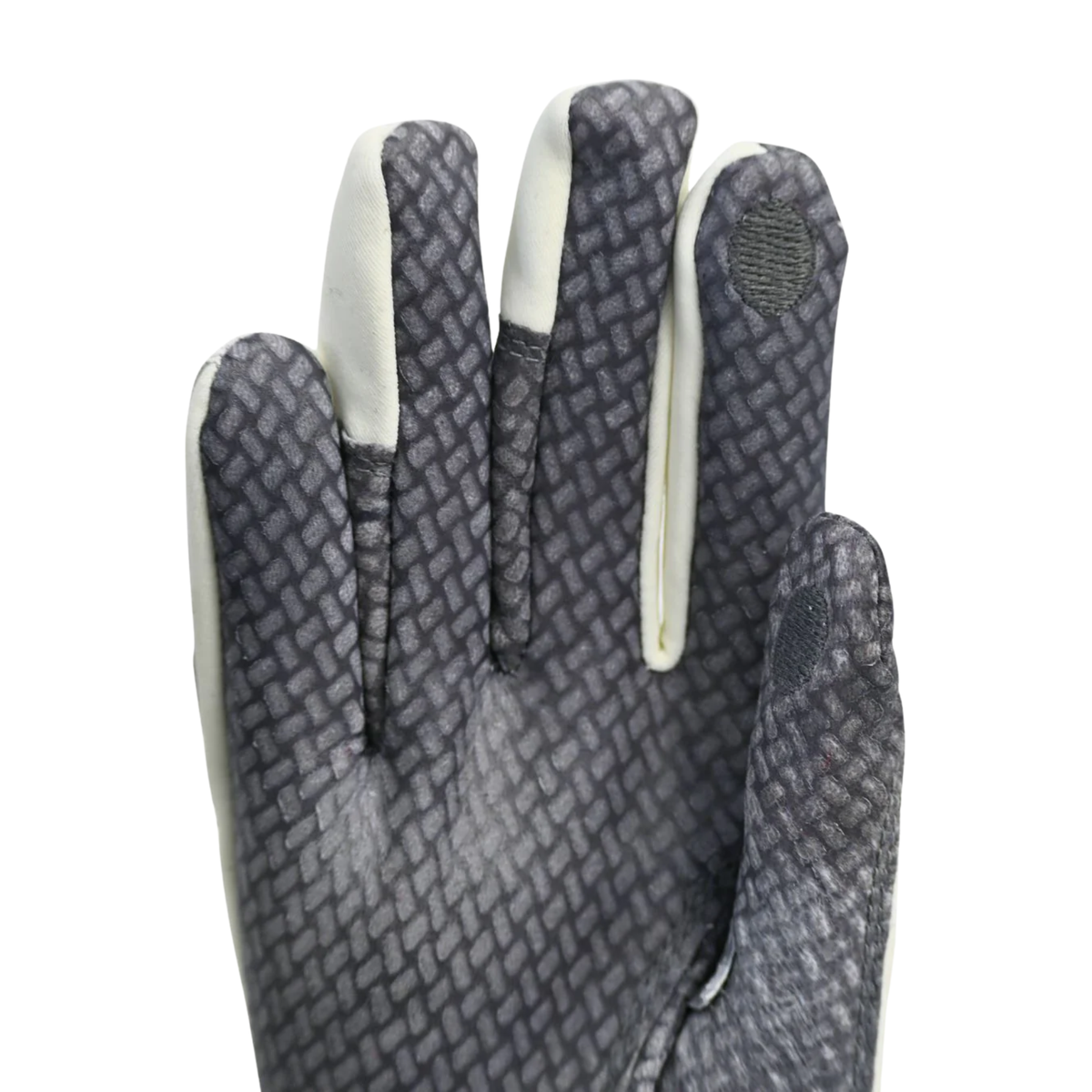 Gray textured glove with white accents on a white background