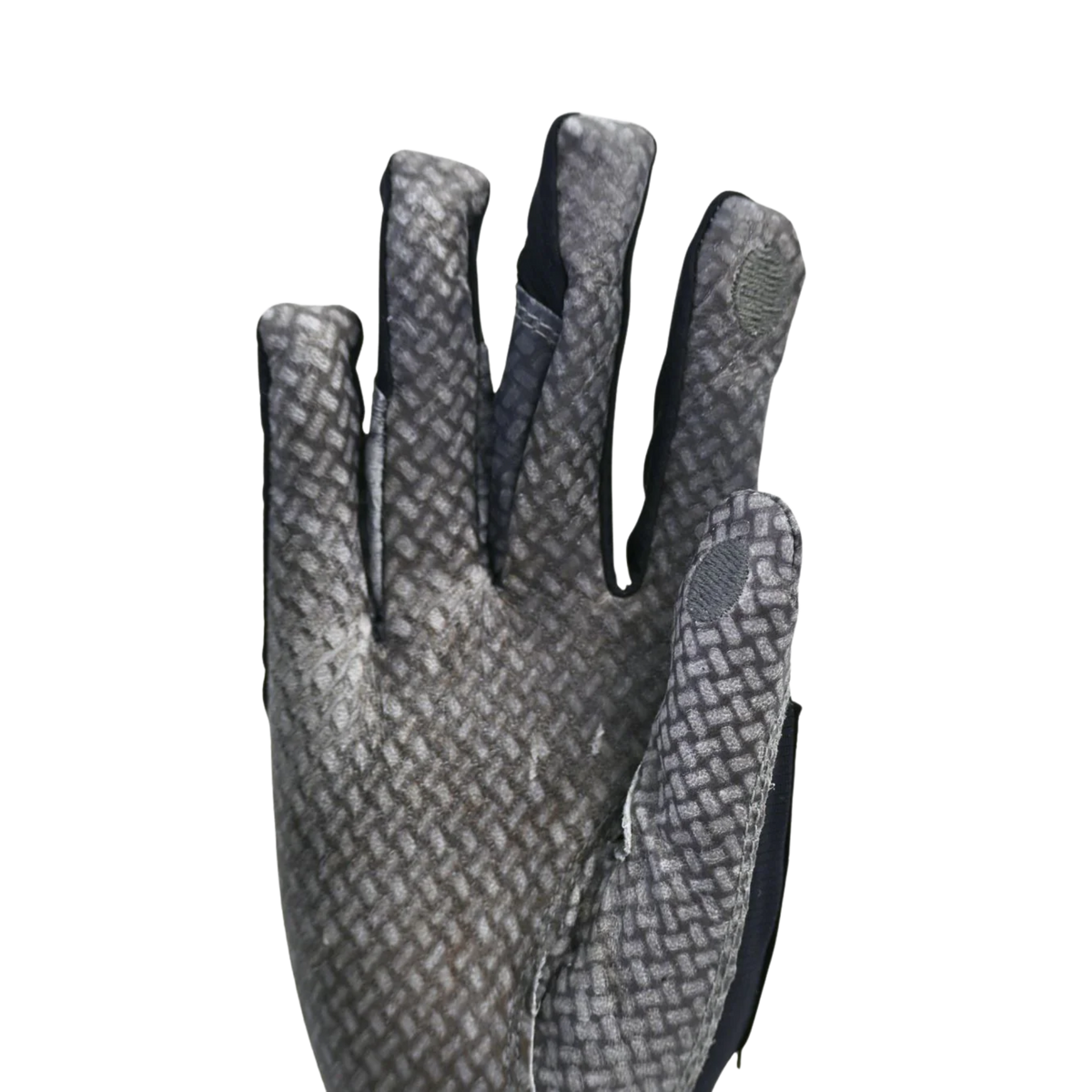 Gray glove with textured palm on a white background