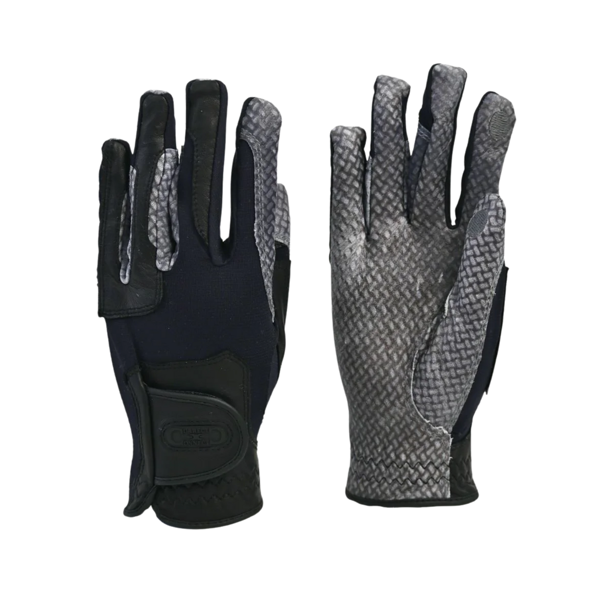 Pair of black and gray gloves on a white background