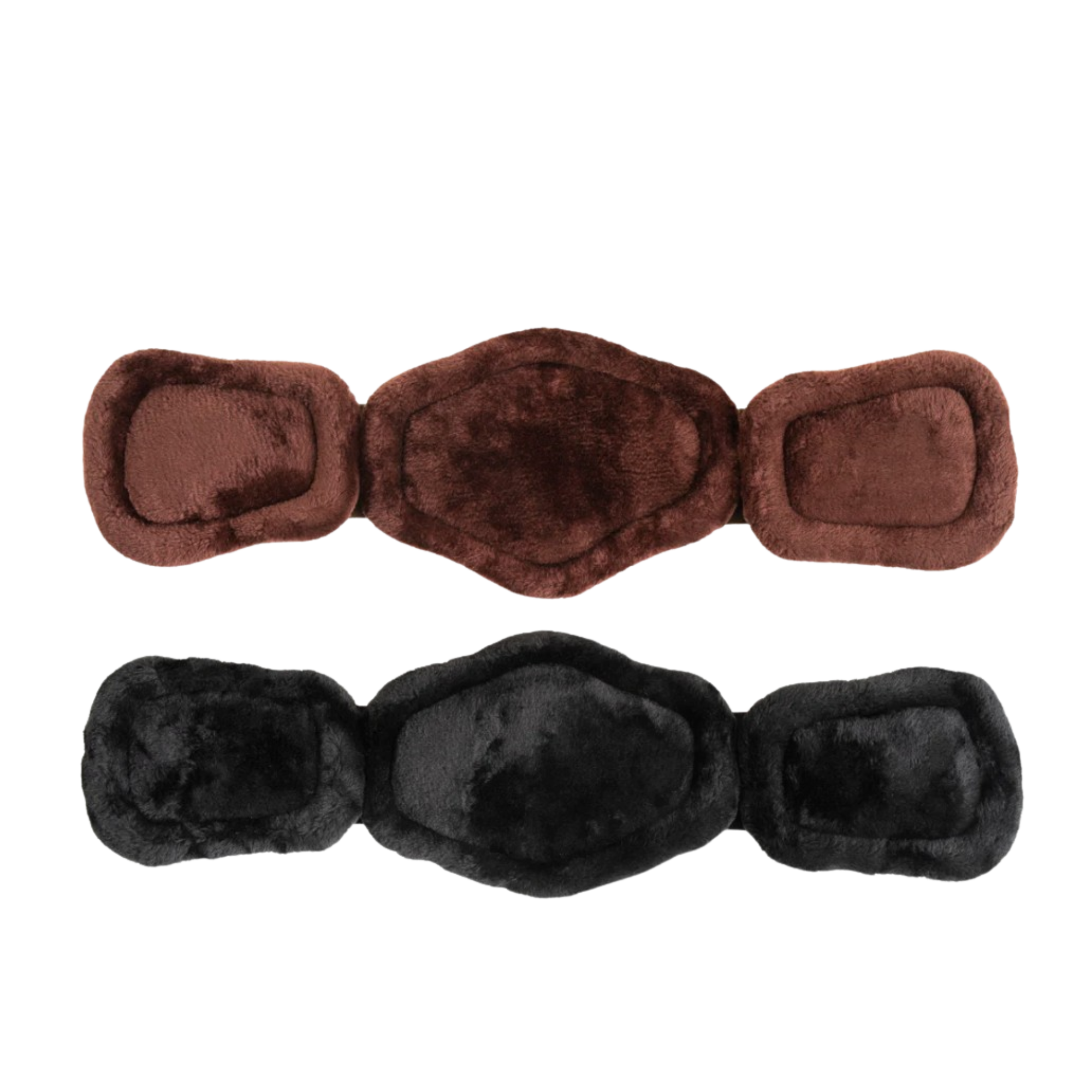 Two brown and black fleece horse short girths on a white background