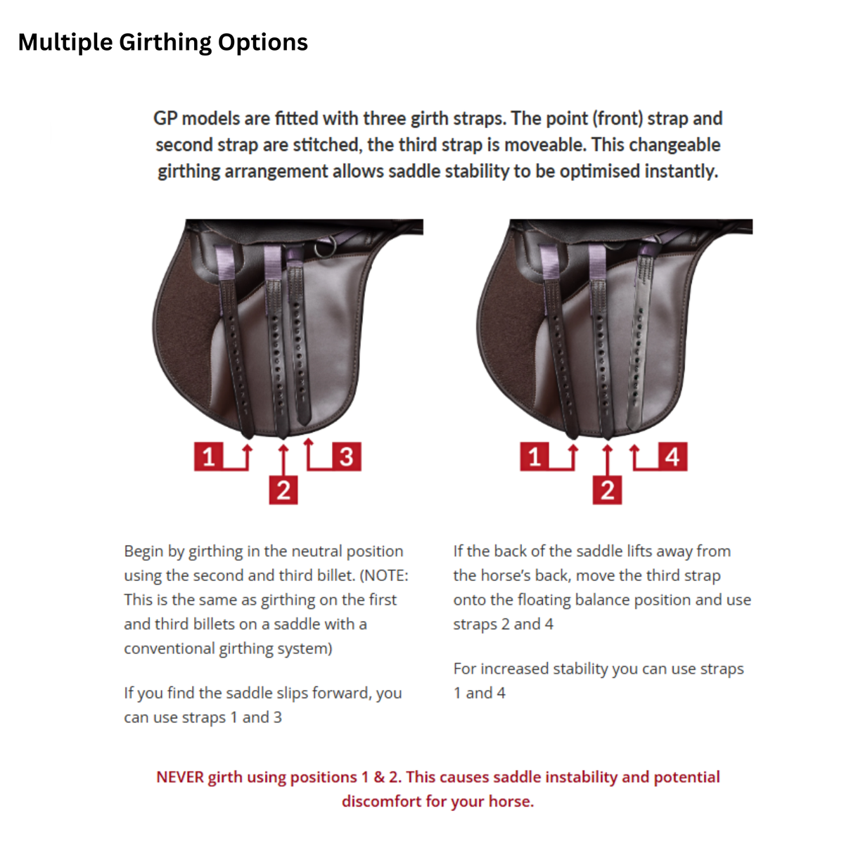 Thorowgood T9 Original High Wither General Purpose saddle girthing options graphic.