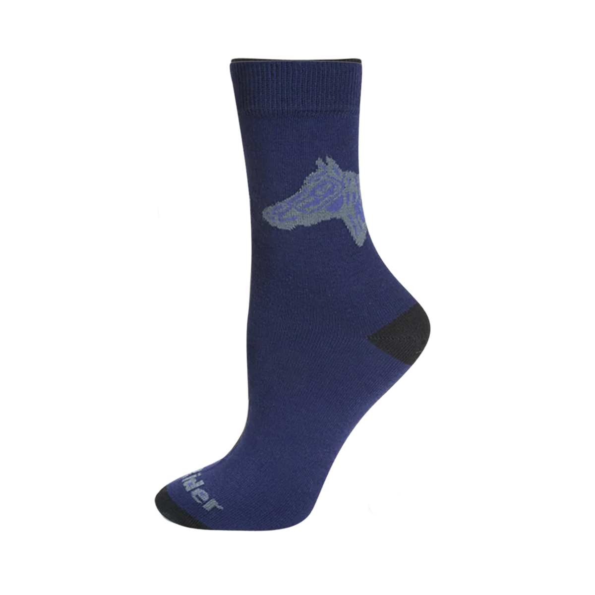 A single navy blue crew sock with a gray dog silhouette graphic on the side, a black heel, and a gray brand logo near the toe, shown against a plain white background.