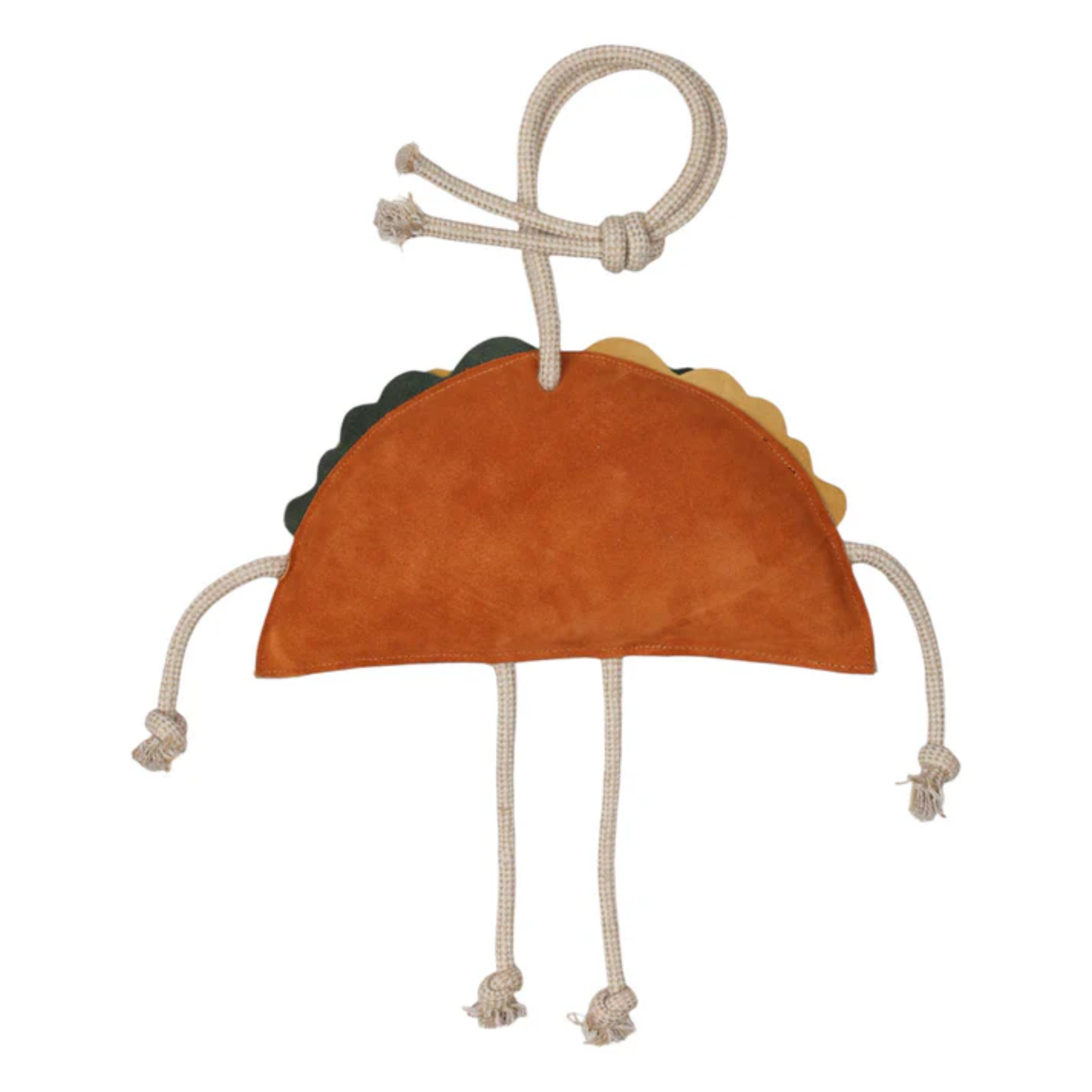 The back of a plush Tuffrider horse stall toy shaped like a taco with a smiling face on a white background