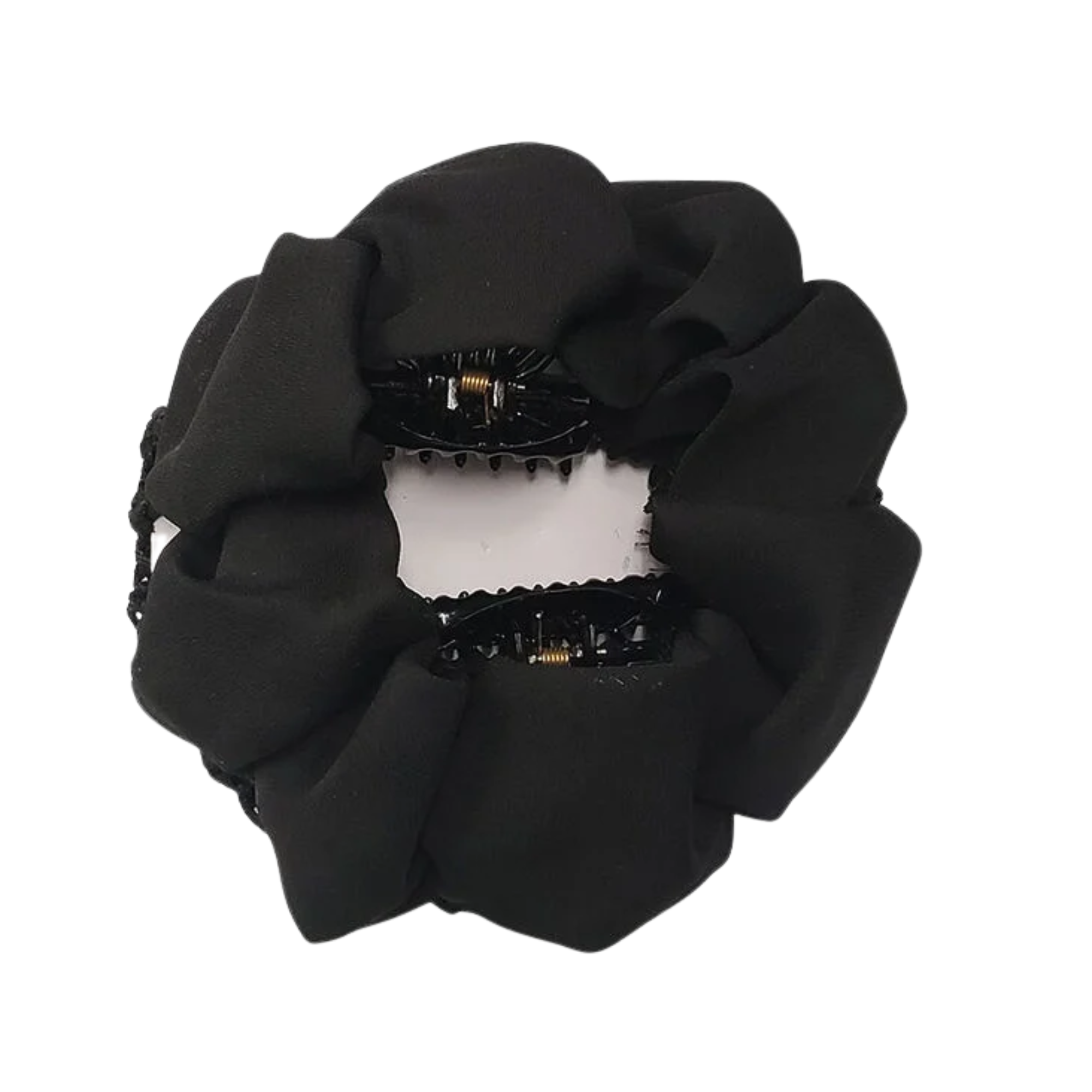 The back of black crochet hair scrunchie with interior clips, shown on a plain white background.
