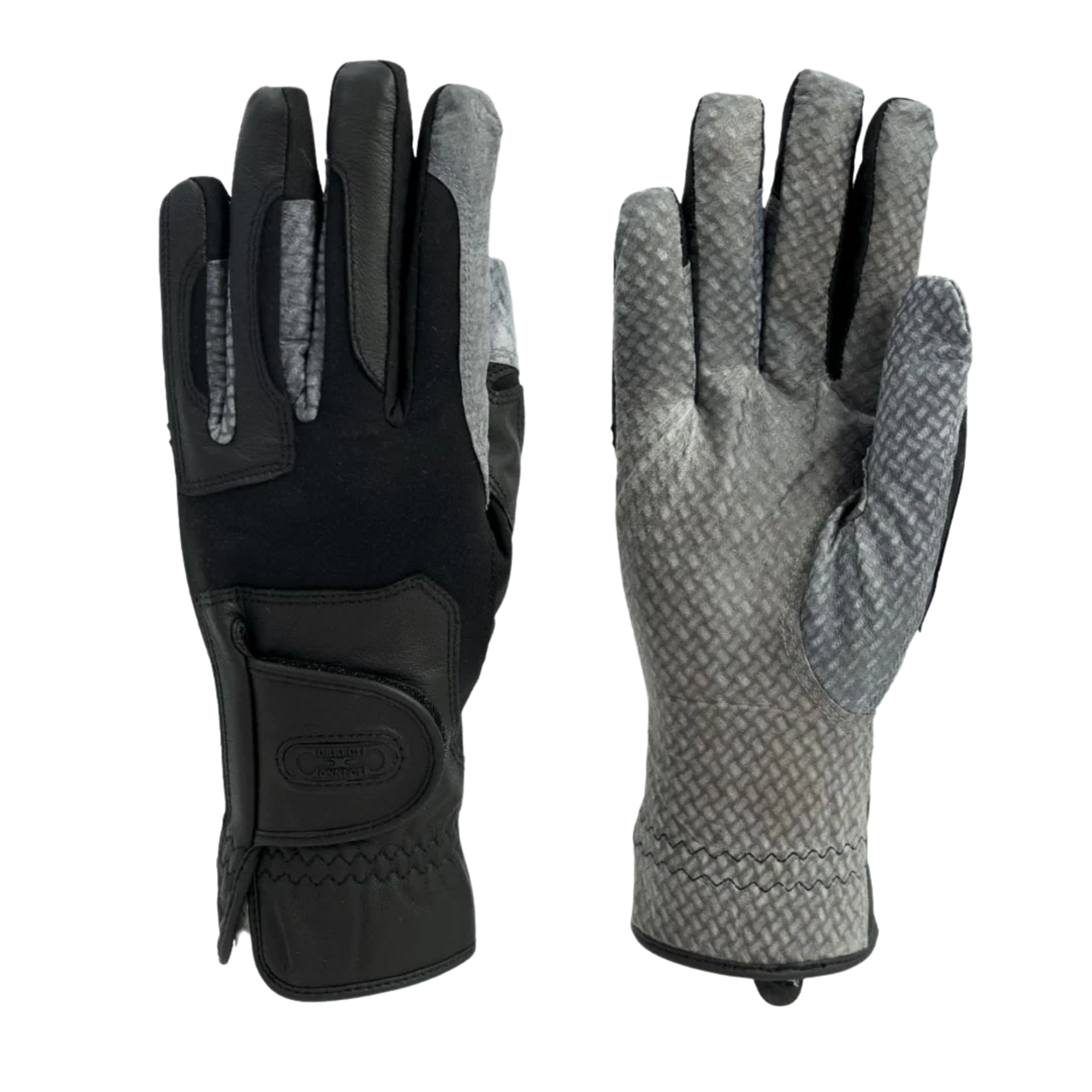 Pair of black and gray gloves on a white background