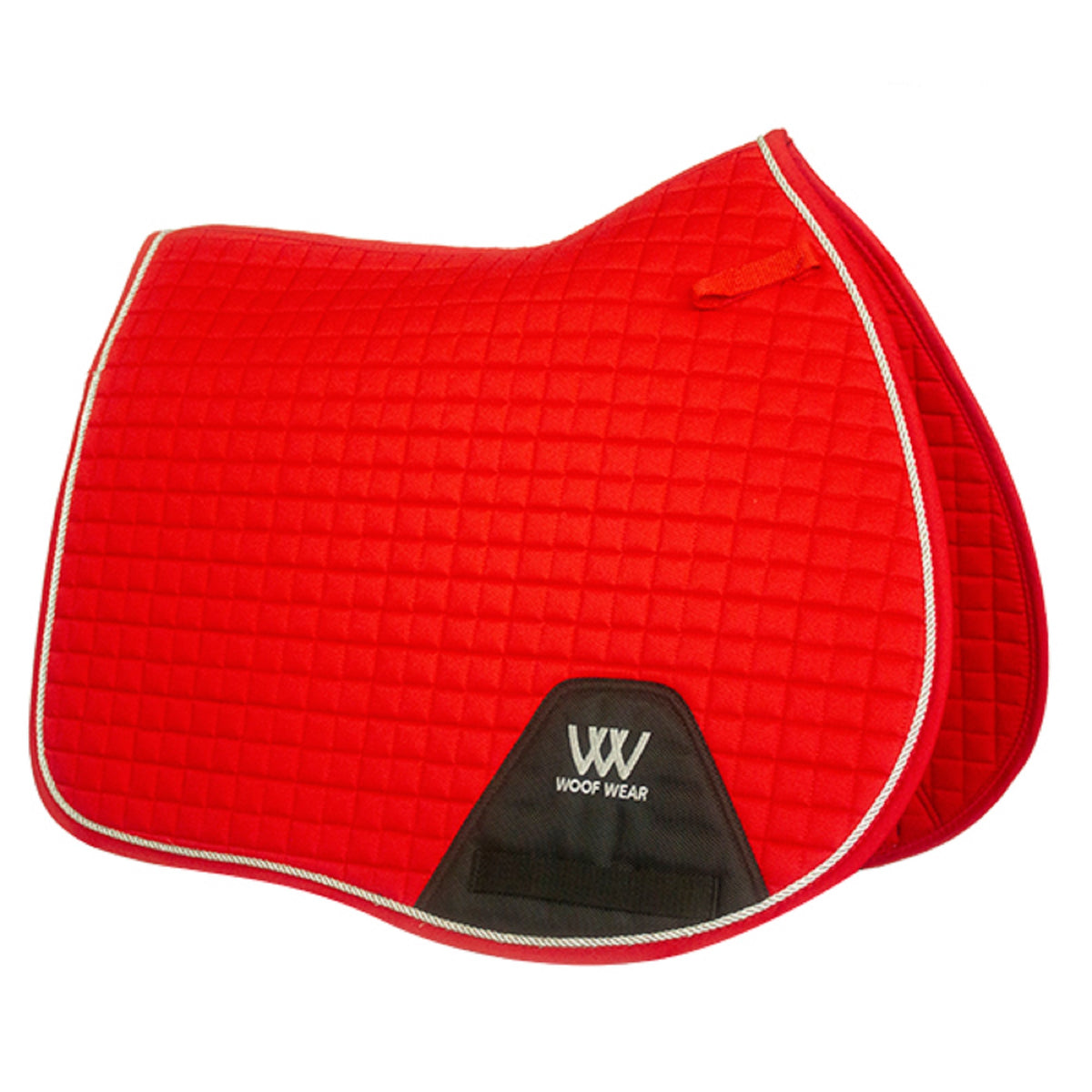 A red quilted saddle pad with silver binding, featuring girth and D-ring straps, and the Woof Wear logo.