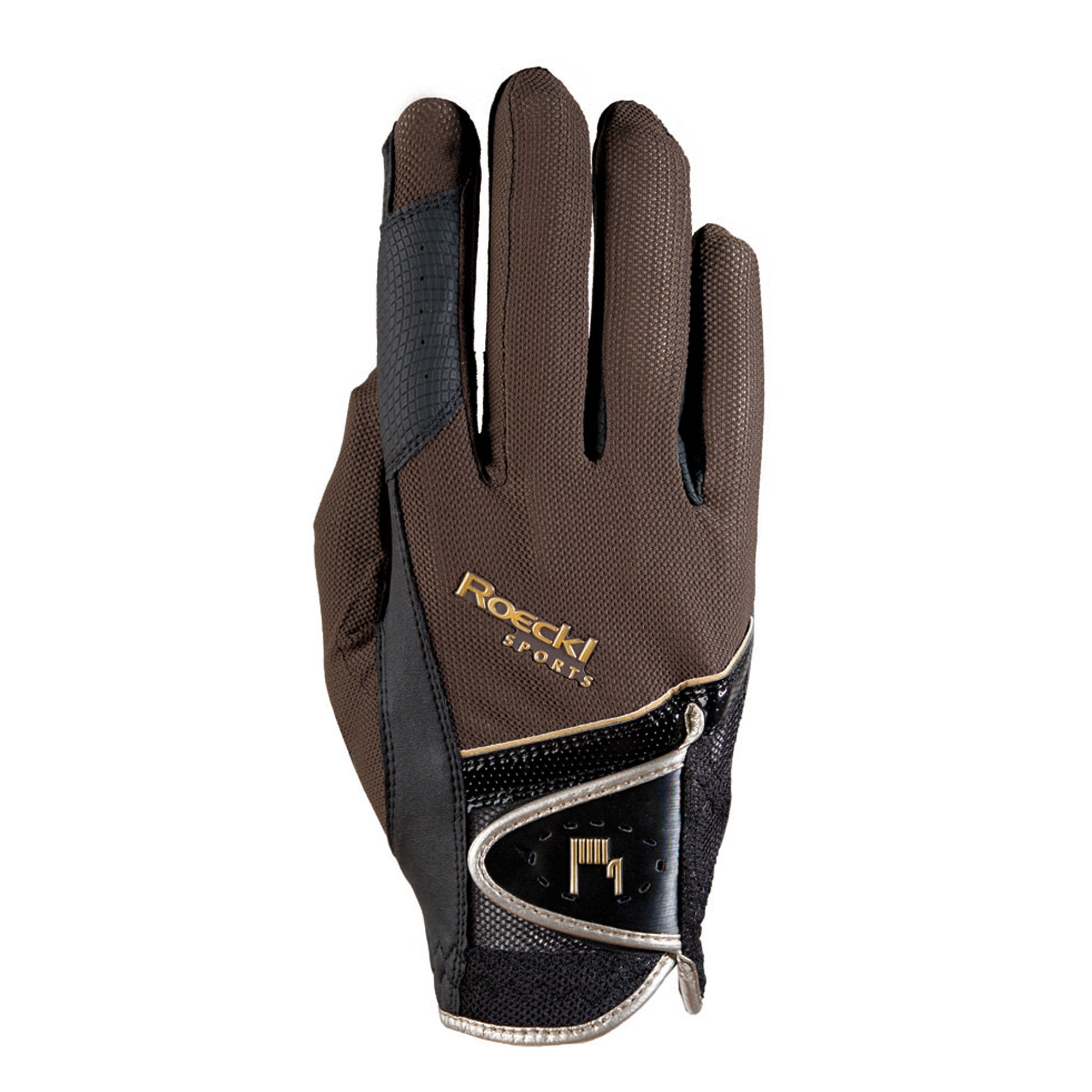 A Roeckl Madrid glove featuring a brown and gold color scheme with the brand&