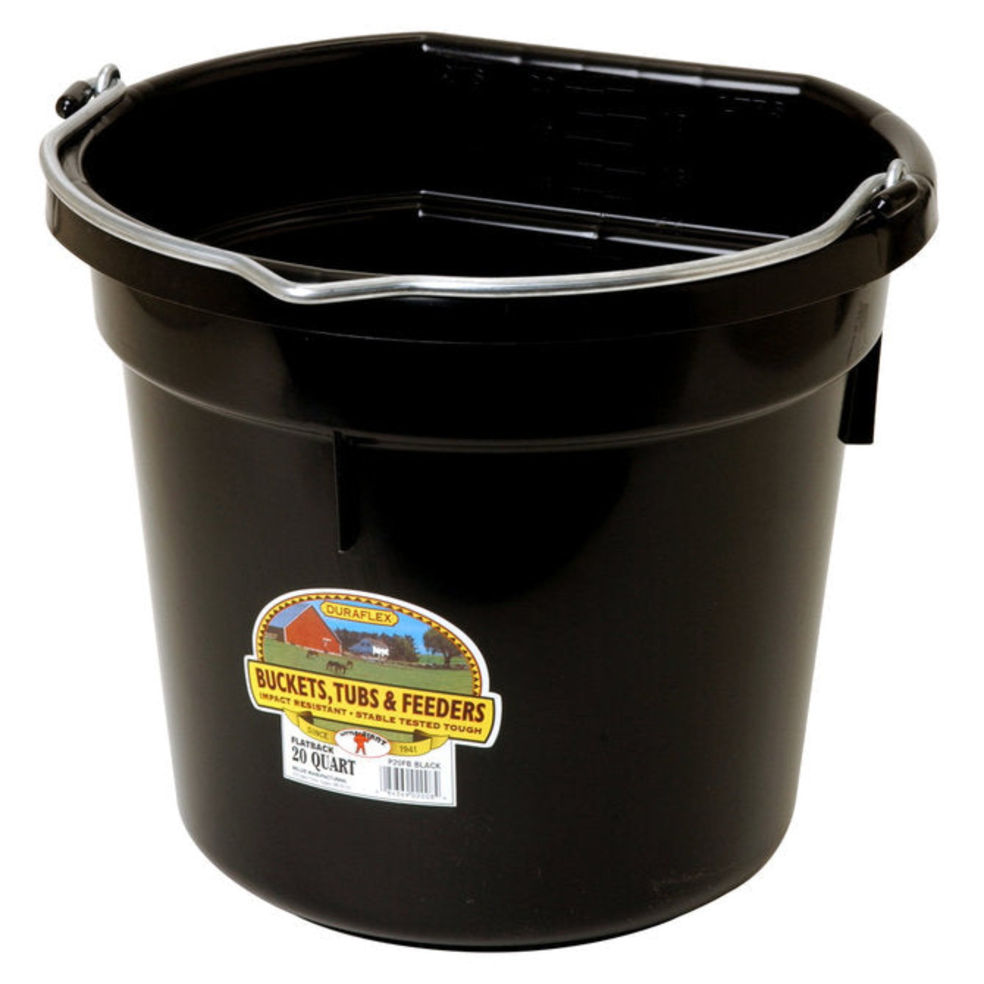 A black plastic bucket with a metal handle and a product label on the side.