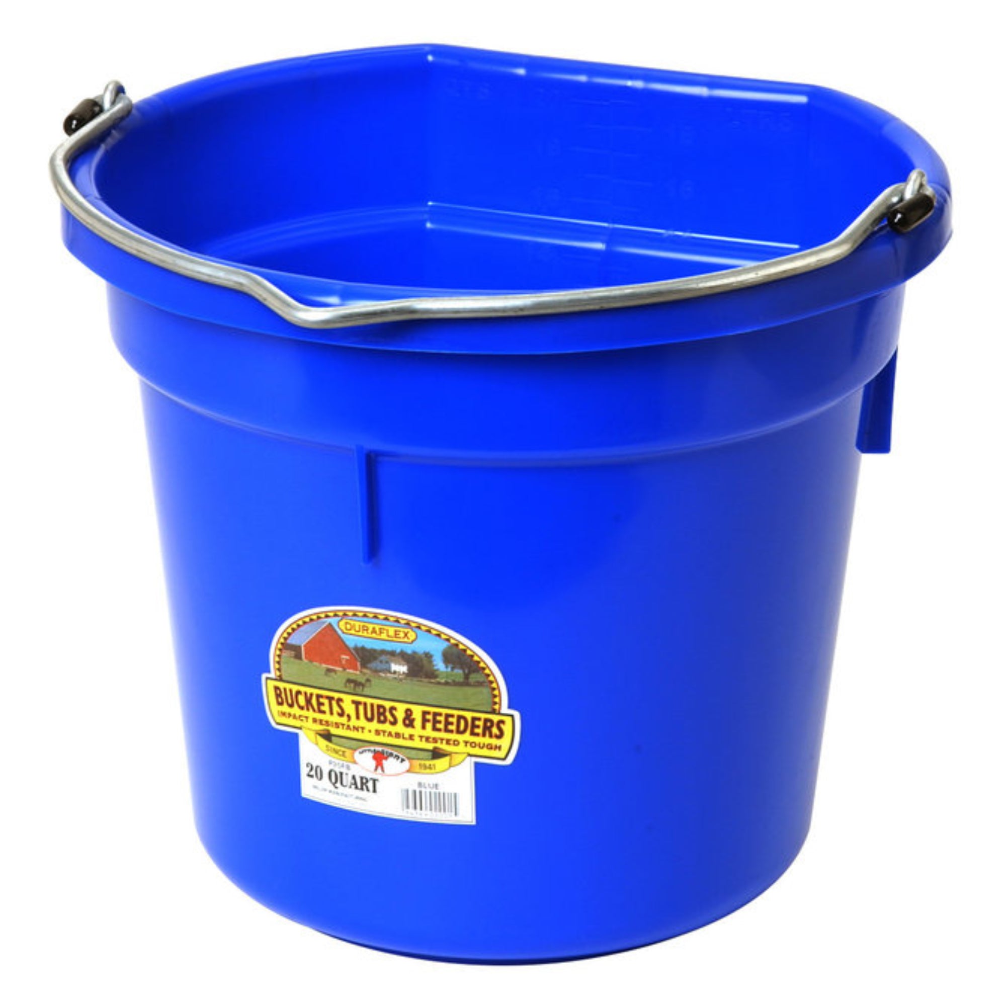 Blue bucket with a label on a white background