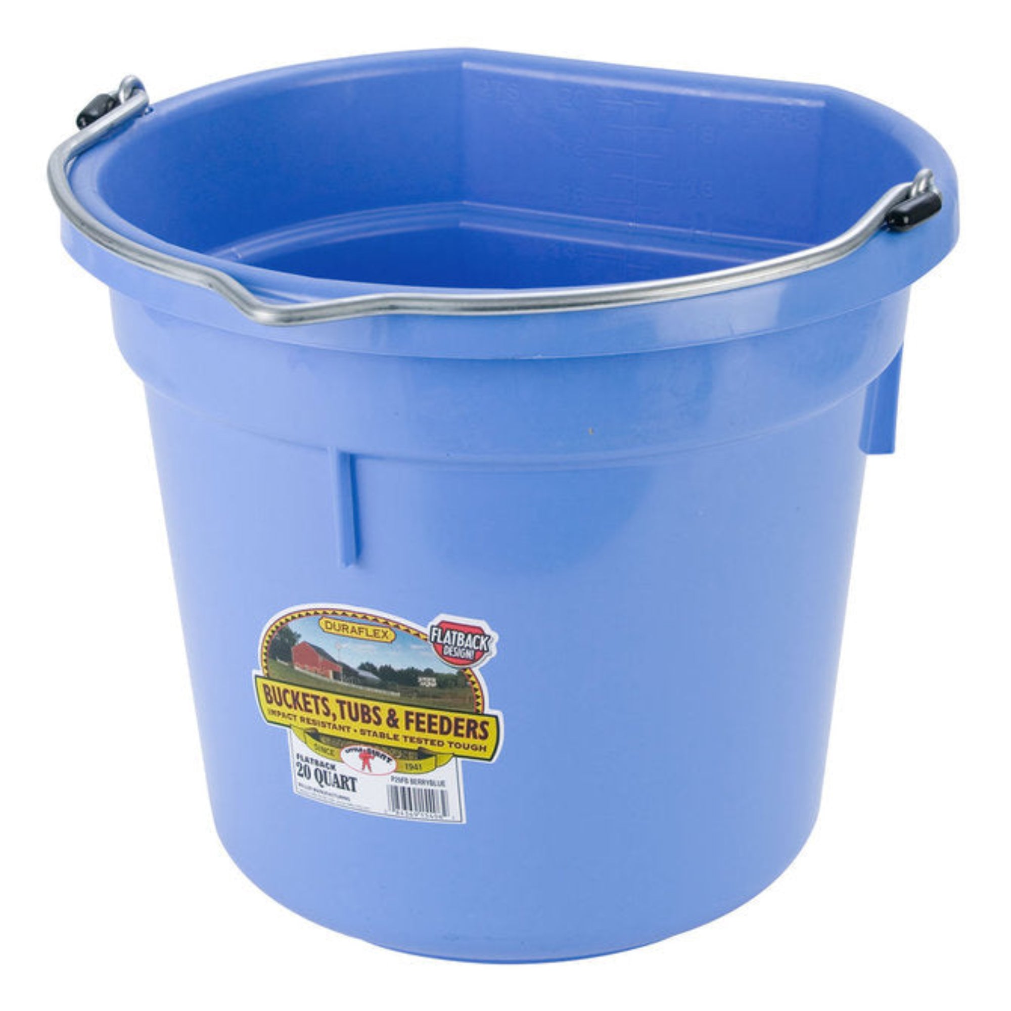 A light blue plastic bucket with a metal handle and a product label on the side.