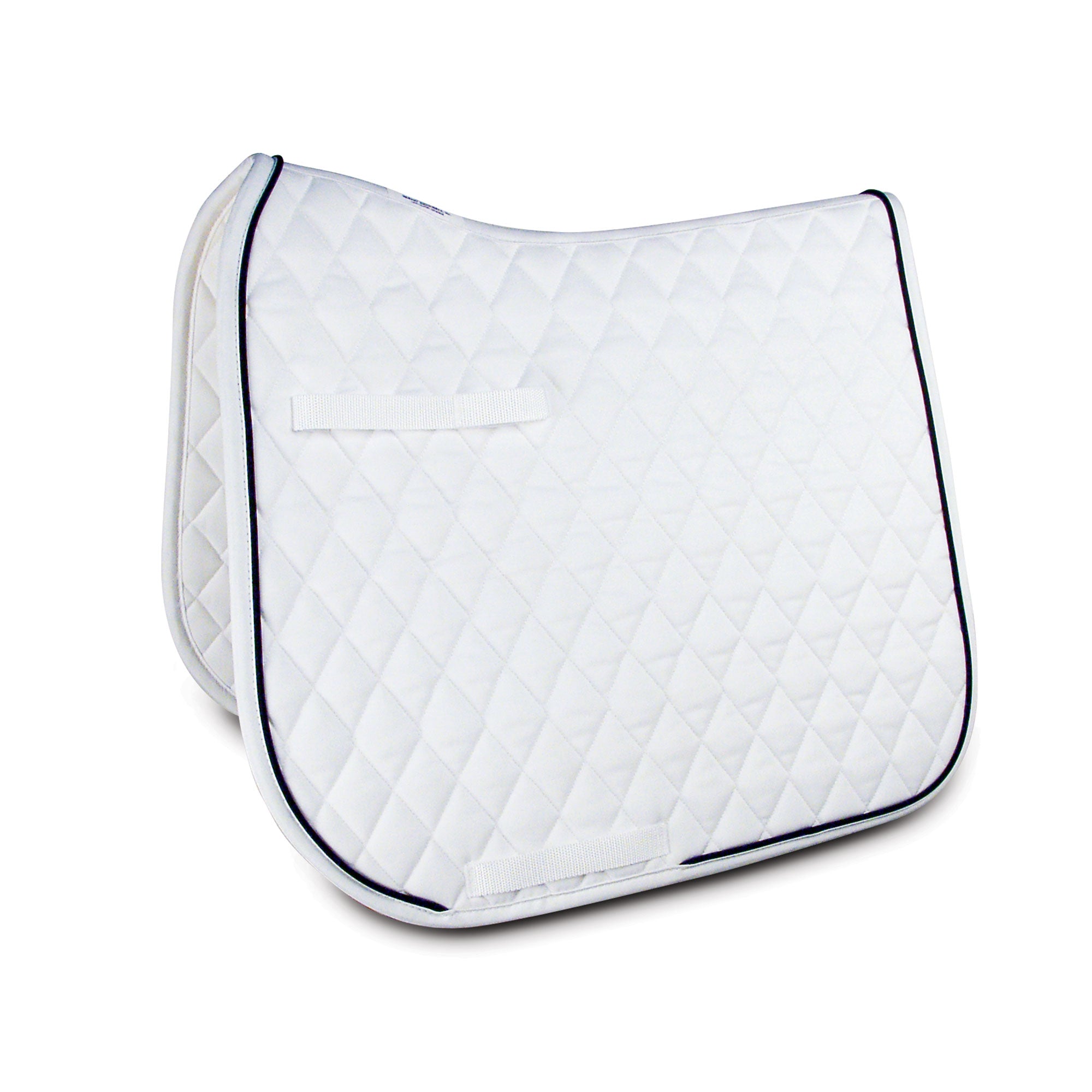 A white with black trim dressage pad.