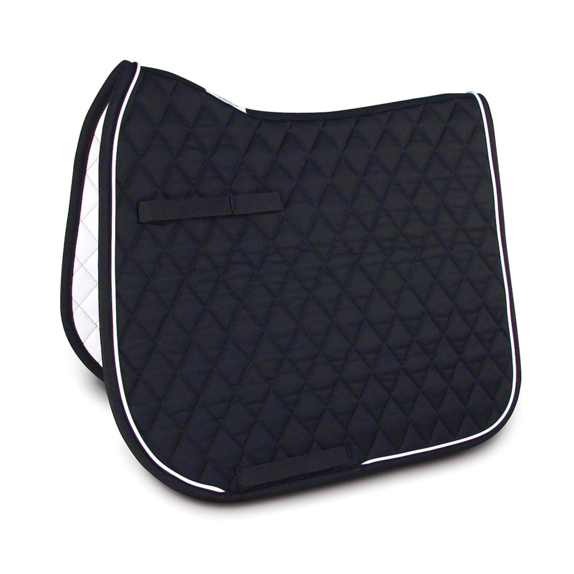 A black with white trim dressage pad.