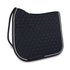 A black with white trim dressage pad.