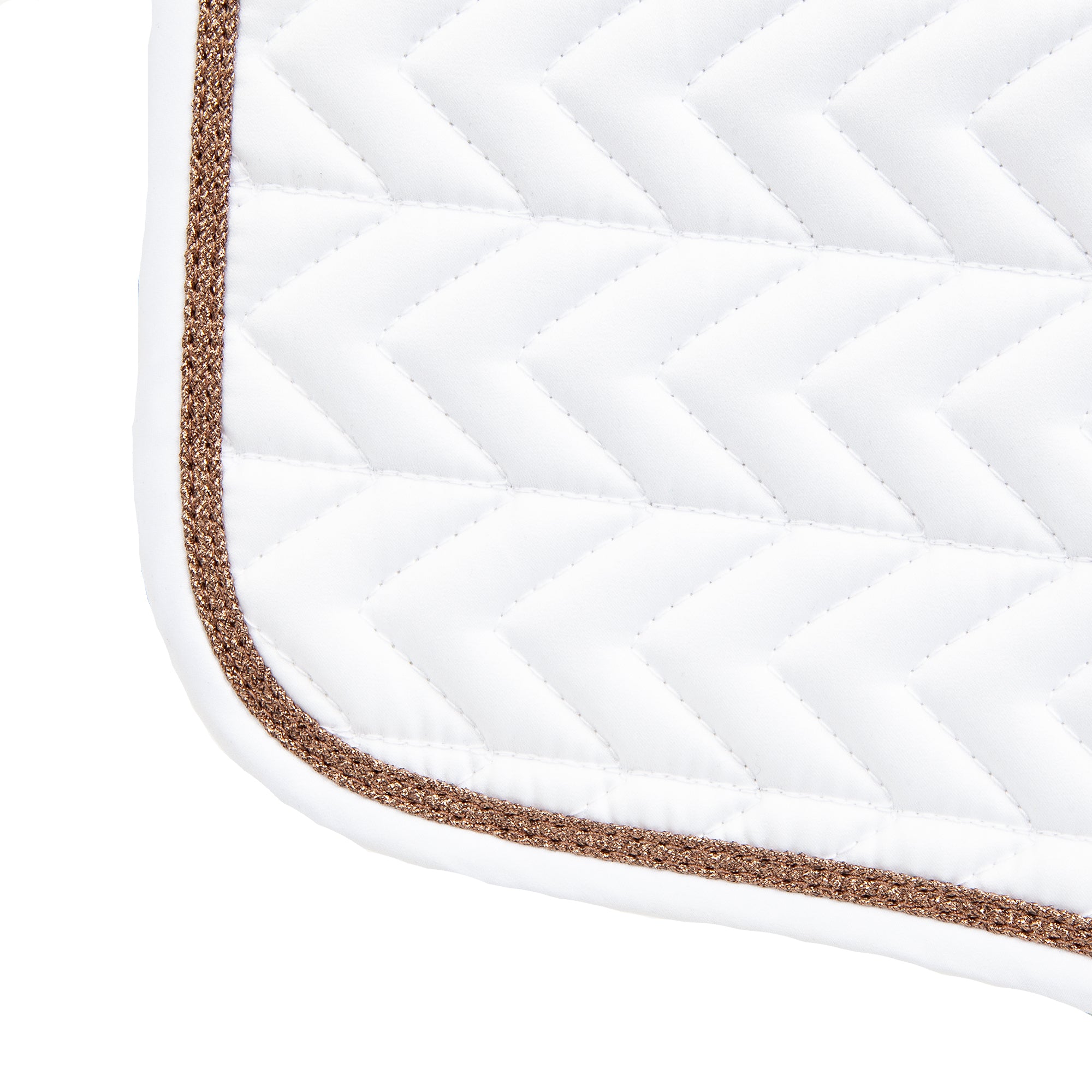 Gold glitter detail on edge of white dressage saddle pad.