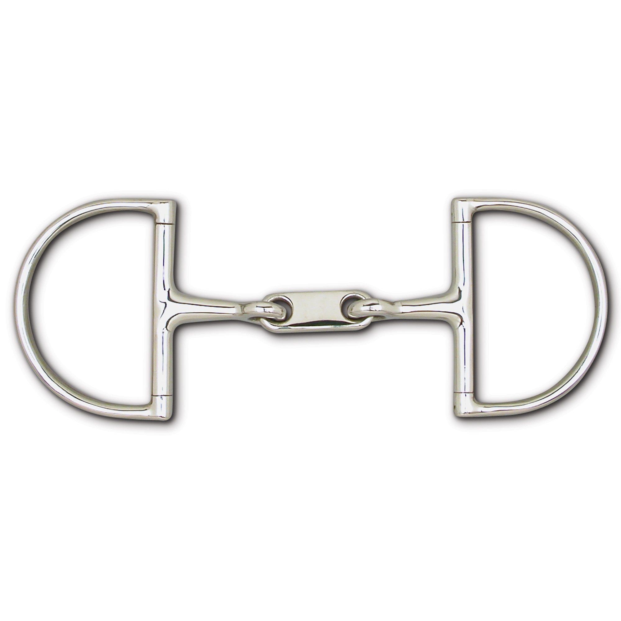 A stainless steel horse bit with D-shaped cheekpieces and a central link joint.