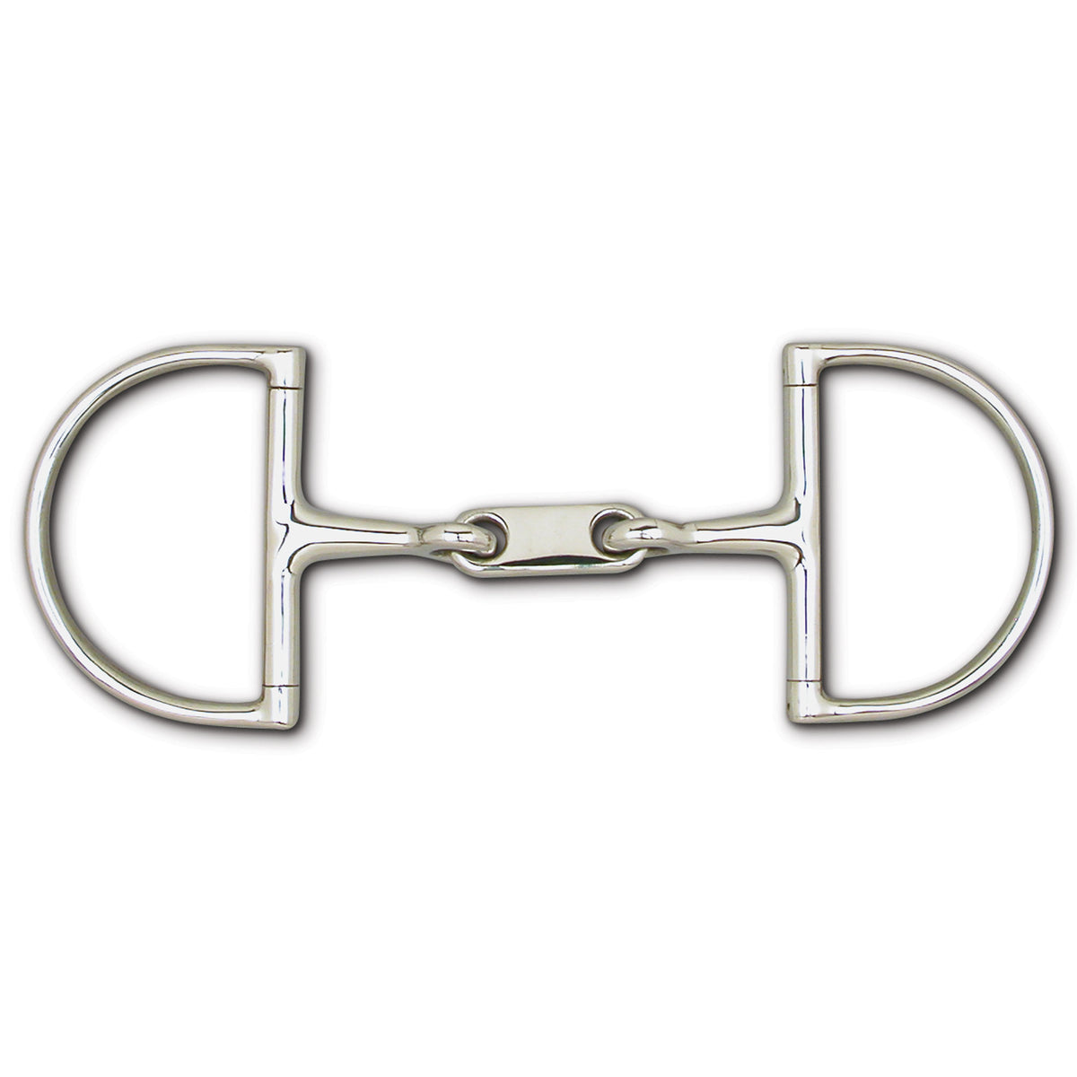 A stainless steel horse bit with D-shaped cheekpieces and a central link joint.