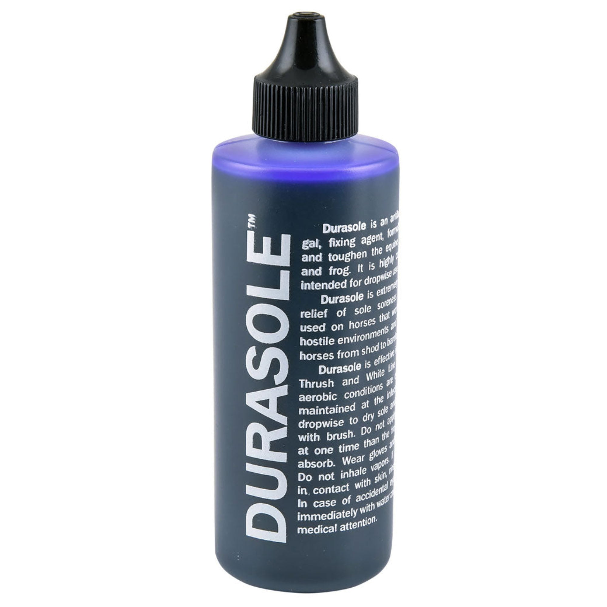 A blue bottle with a black cap labeled &