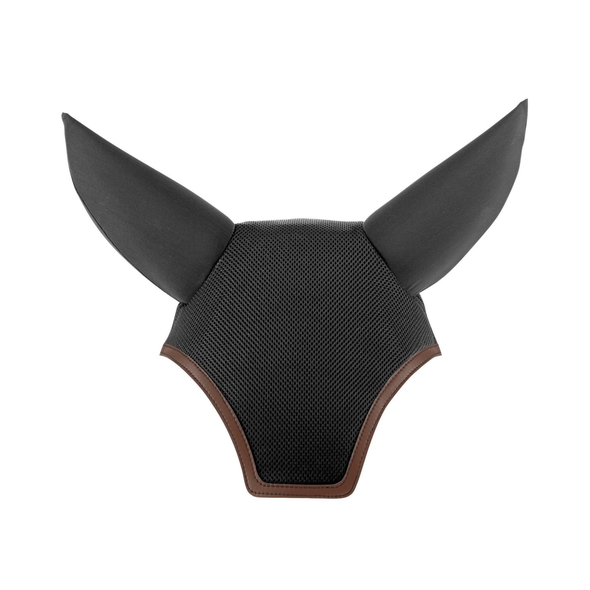 Black ear bonnet for horses with foam lined ears and a brown trim.