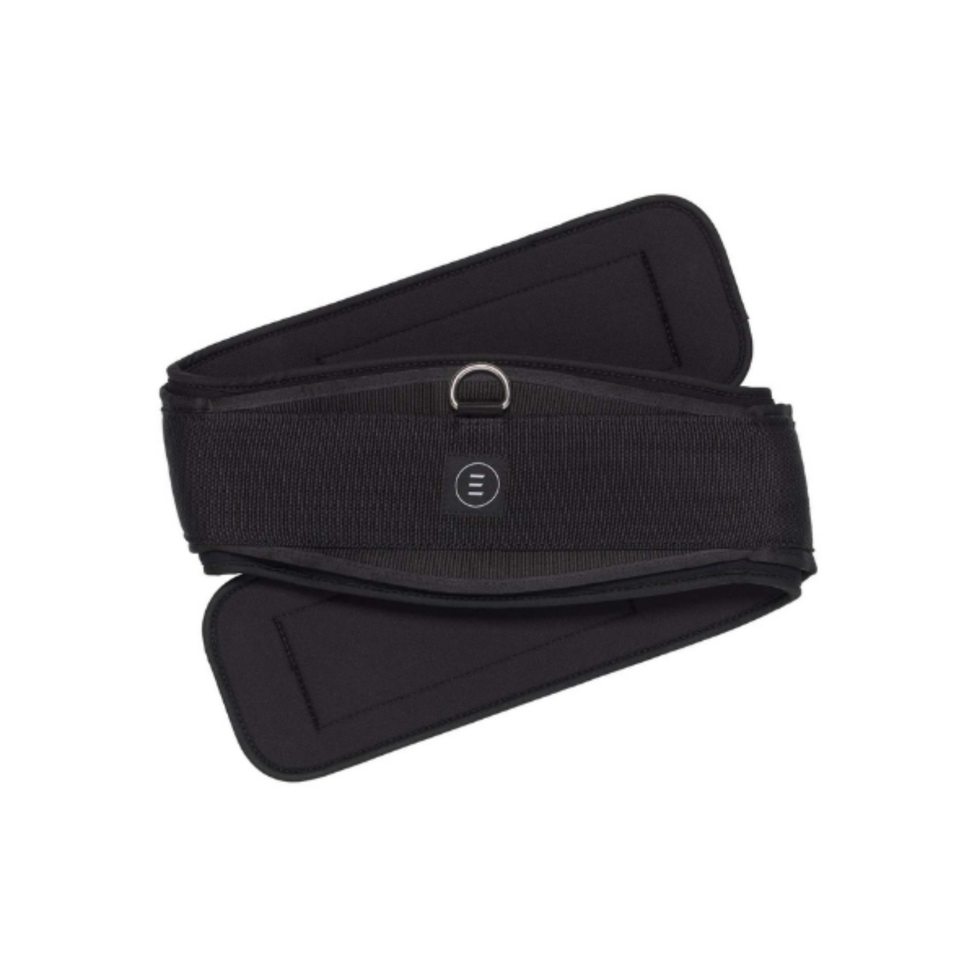 A black Equifit Essential Dressage Schooling Girth with SmartFabric Liner, featuring stainless steel roller buckles and a D-ring.