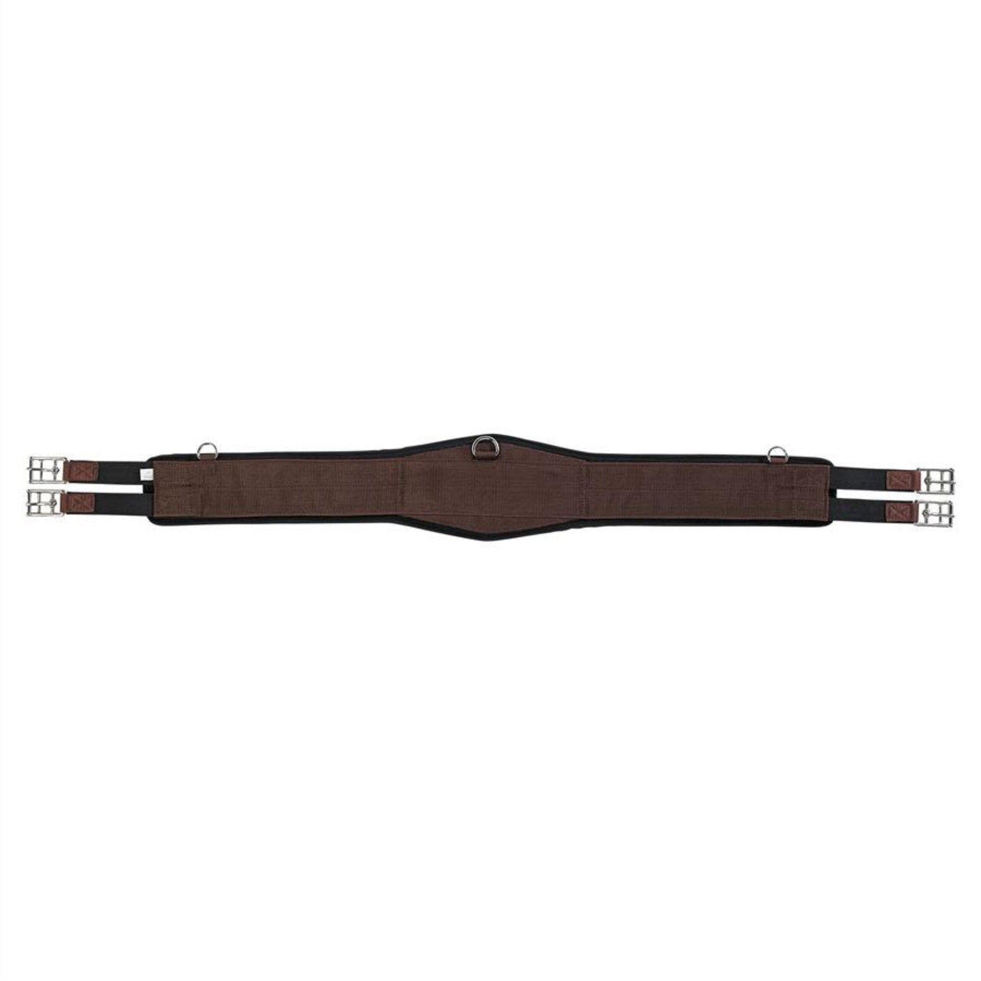 A brown EquiFit Essential Schooling Girth with a SmartFabric Liner, attached to a saddle on a white horse.