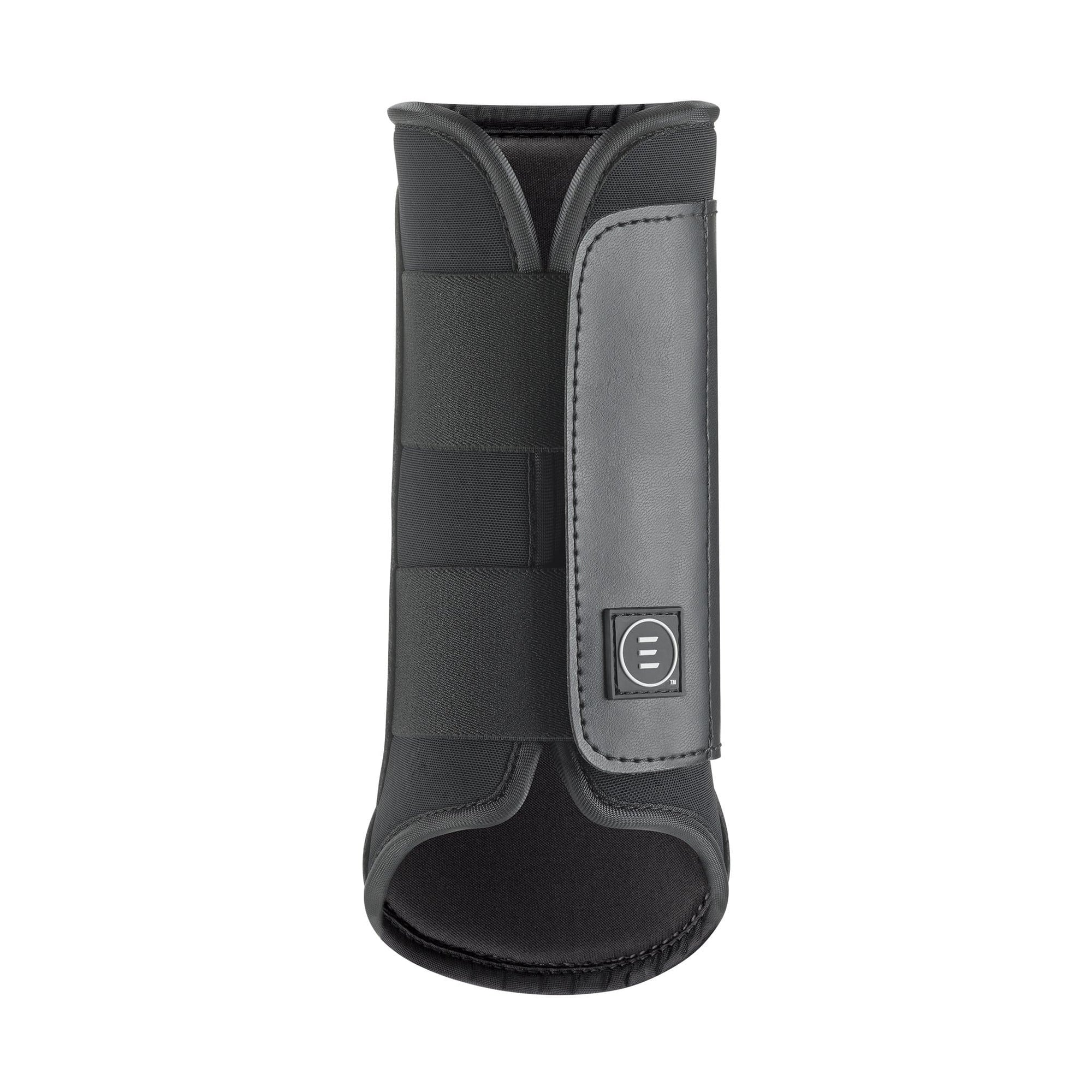 A black EquiFit Essential EveryDay Front Boot for horses, featuring durable leather outer, breathable foam liner, and two wide elastic straps.