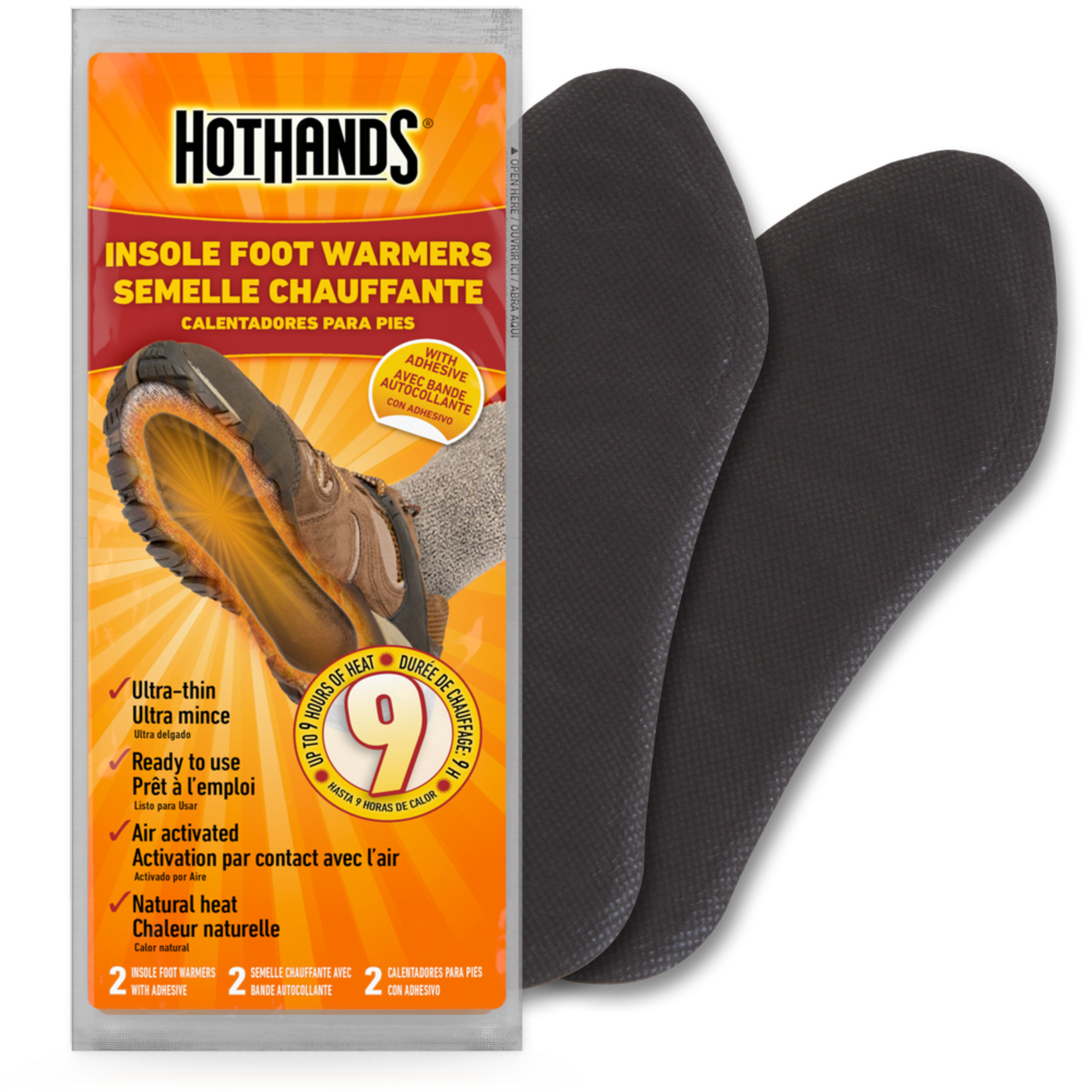 A package of HotHands Insole Foot Warmers showing the product and its features.