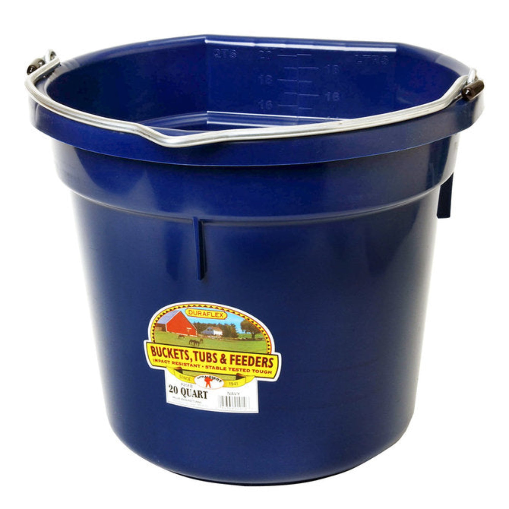 A navy plastic bucket with a metal handle and a product label on the side.