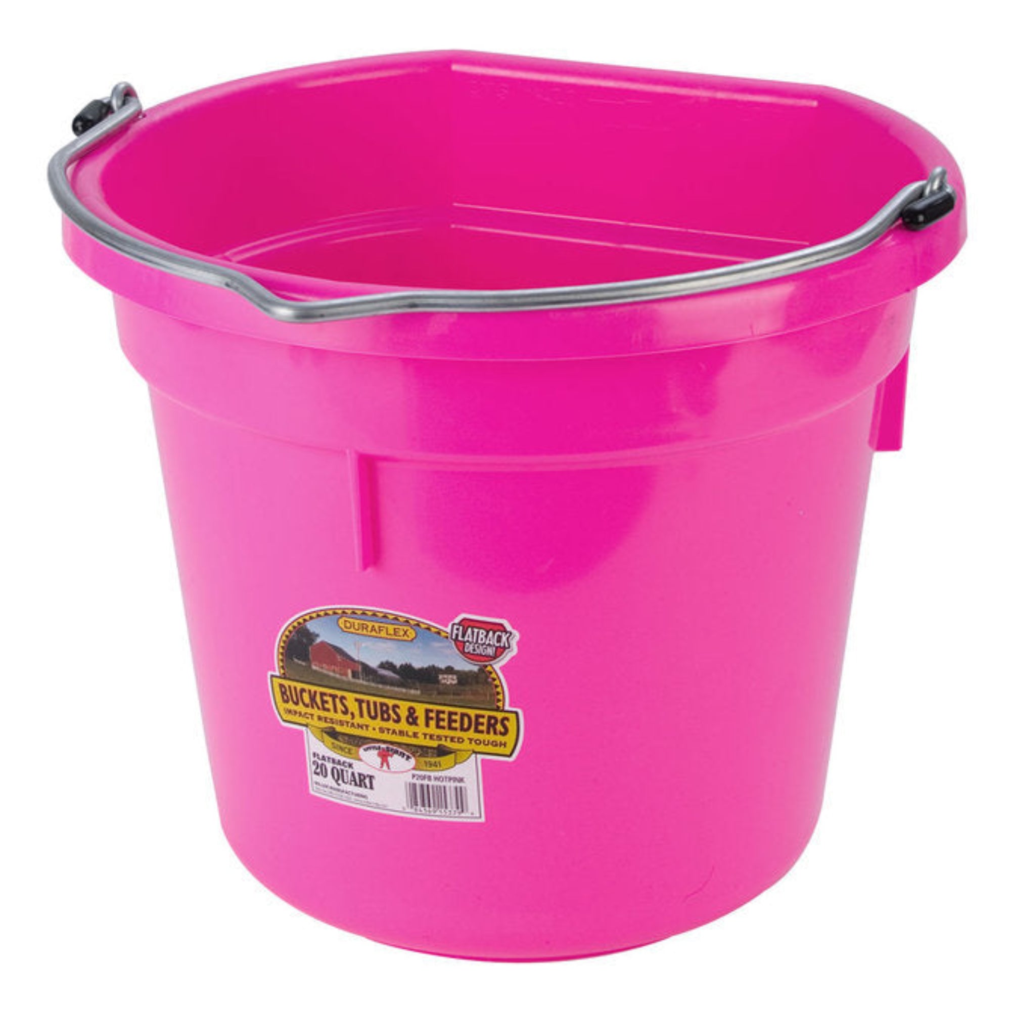 A pink plastic bucket with a metal handle and a product label on the side.