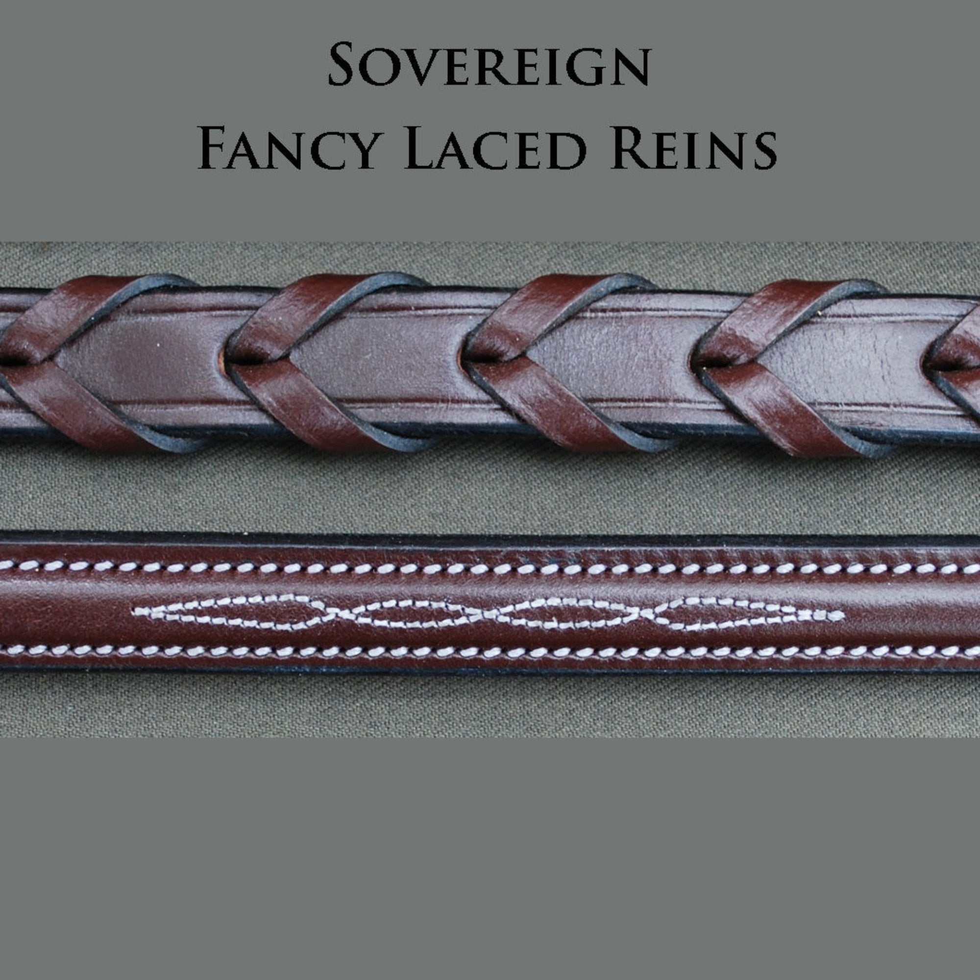 A close up view of the fancy stitched and laced reins that match the KL Select Sovereign bridles.