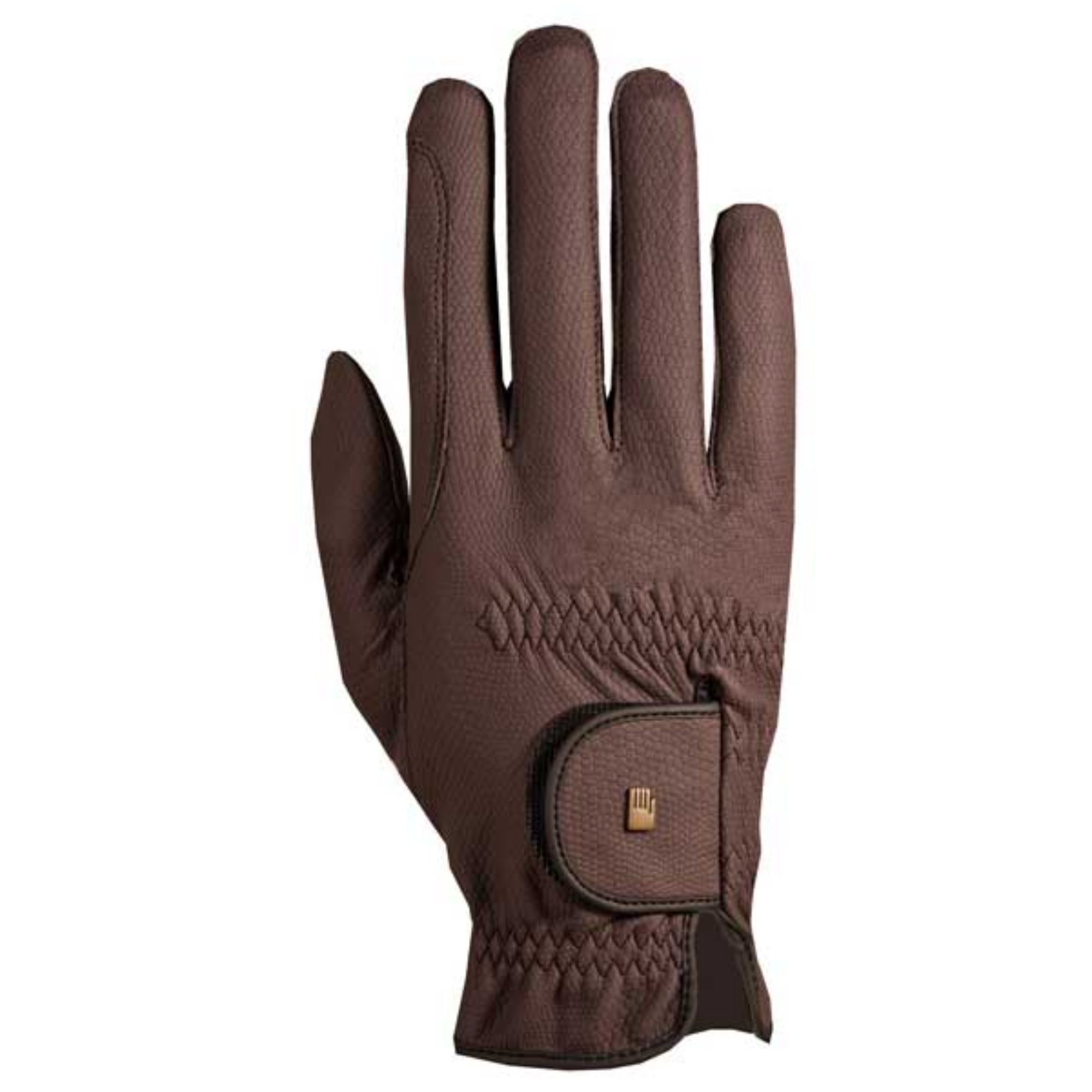 A brown Roeckl Roeck-Grip glove featuring elasticated cuffs and a small brand logo on the back.