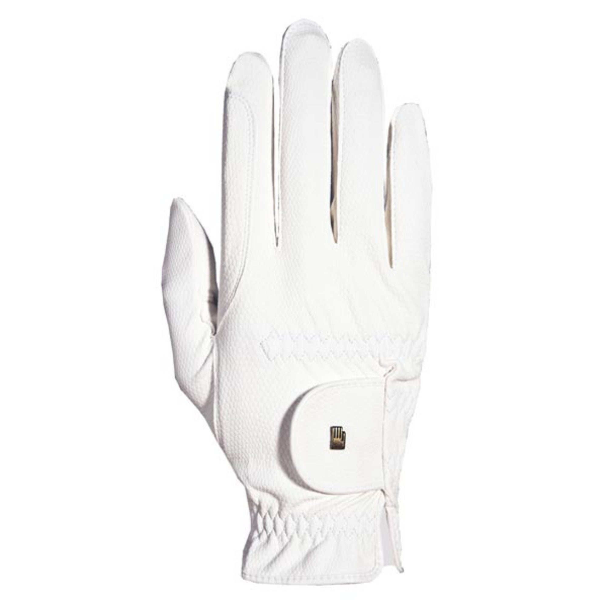 A white Roeckl Roeck-Grip glove featuring elasticated cuffs and a small brand logo on the back.