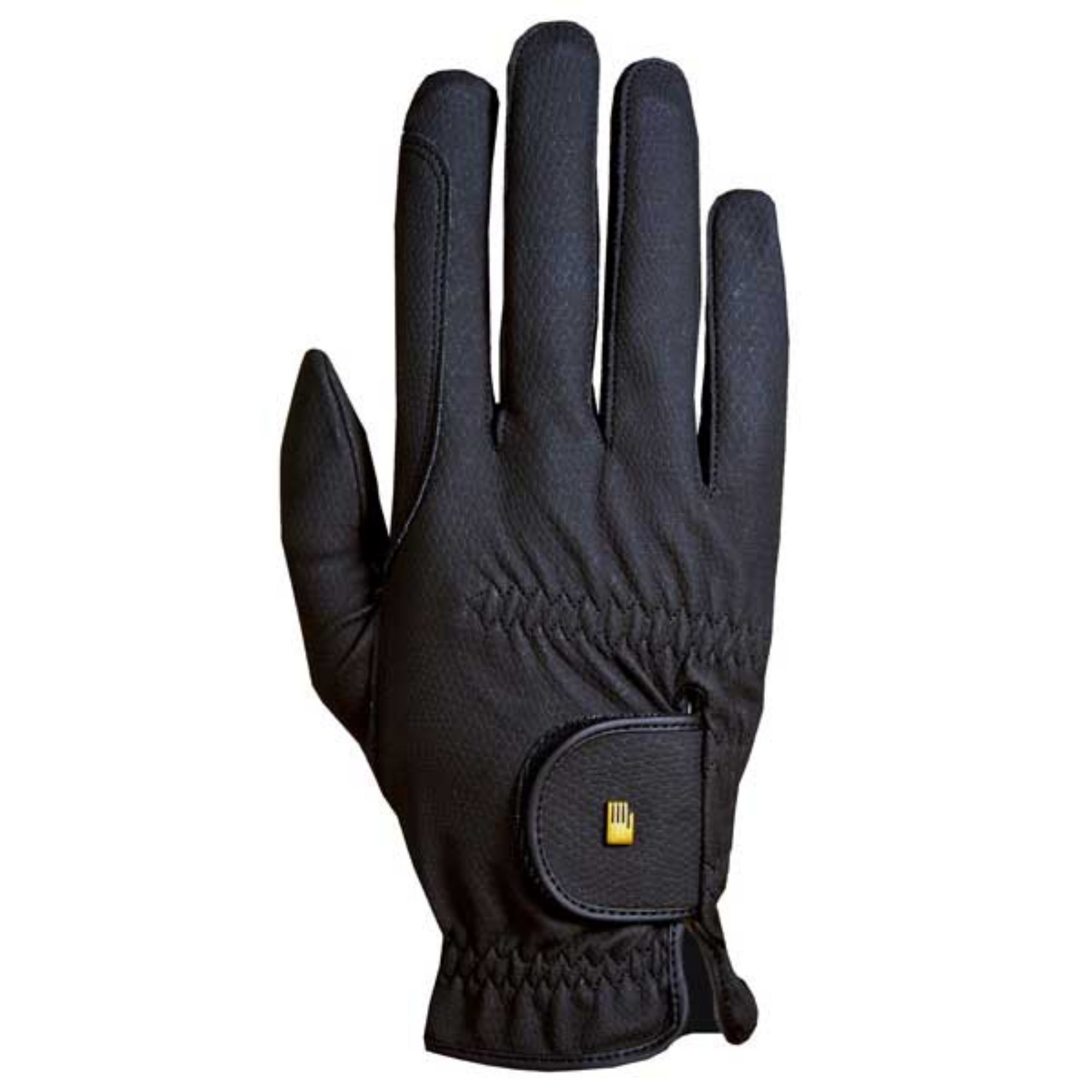 A single black Roeck-Grip Winter Riding Glove with a yellow logo on the wrist. Not pictured: thin fleece lining inside glove