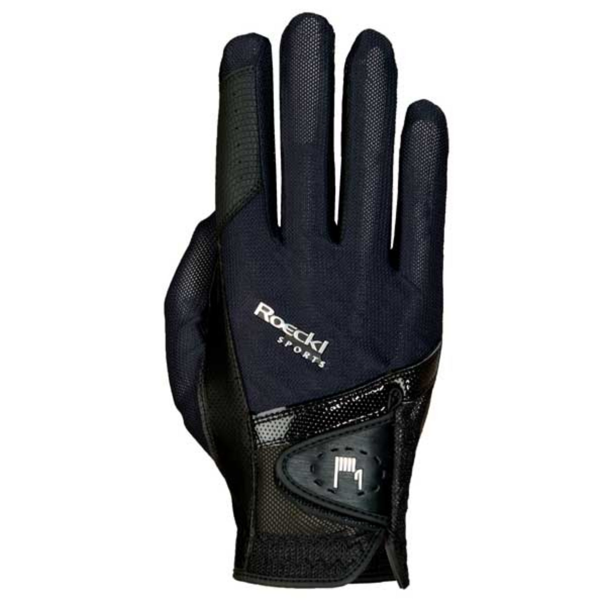 A Roeckl Madrid glove featuring a black color scheme with the brand&