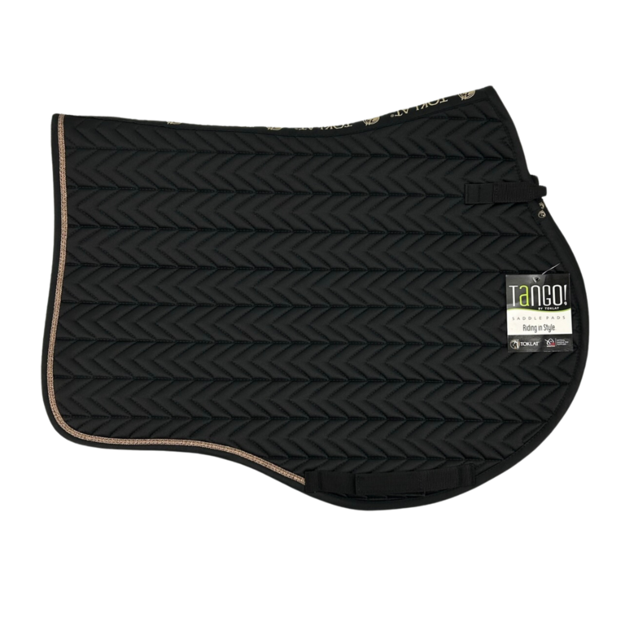 A black chevron close contact saddle pad with gold glitter trim.