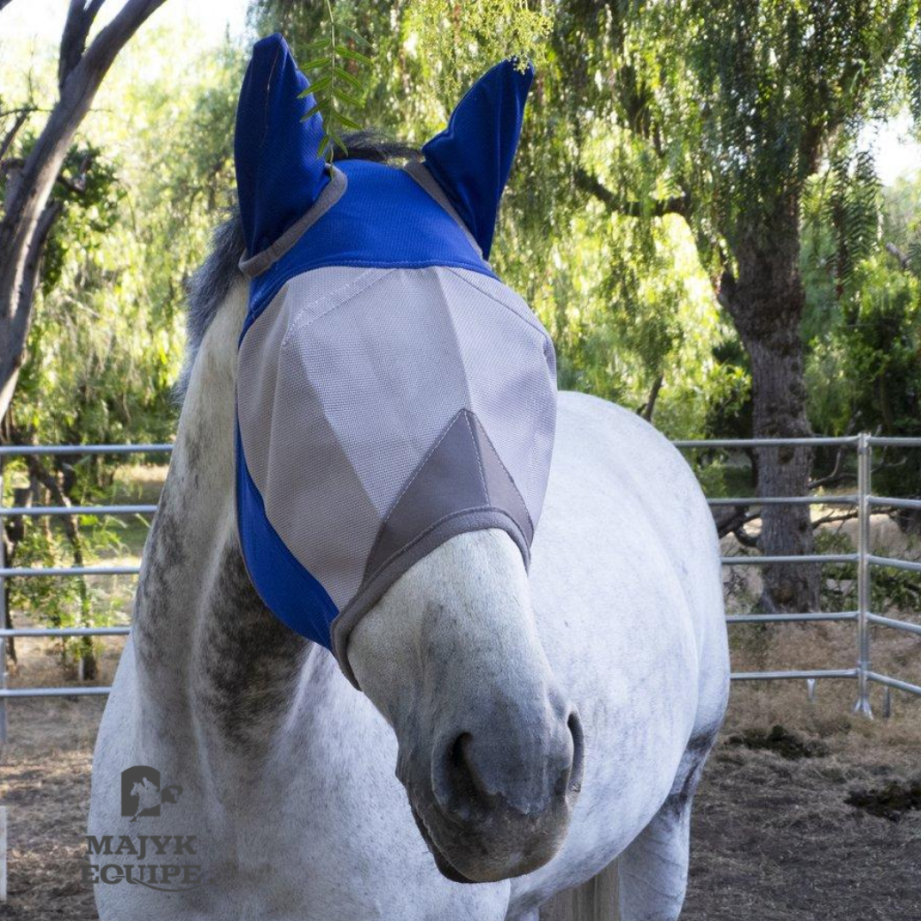 Horse Fly Mask w/ Ears, Blue - Breathable Mesh, UV Protection