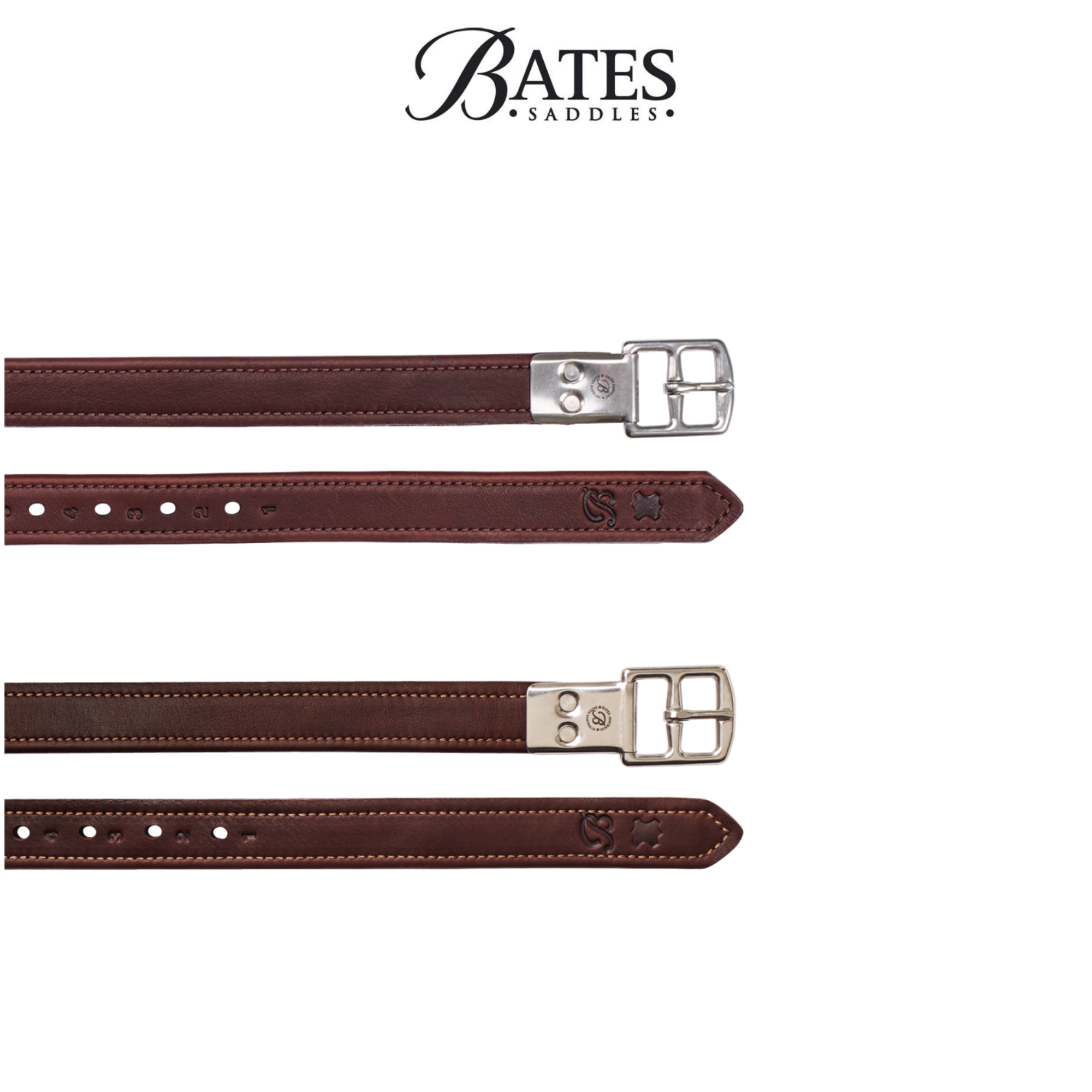 Three brown Bates stirrup leathers with stainless steel buckles, designed for Bates saddles, displayed against a white background.