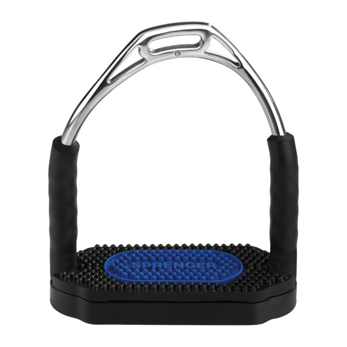 A pair of Herm Sprenger Bow Balance Stirrups, featuring a metal bow structure with rubber tread.