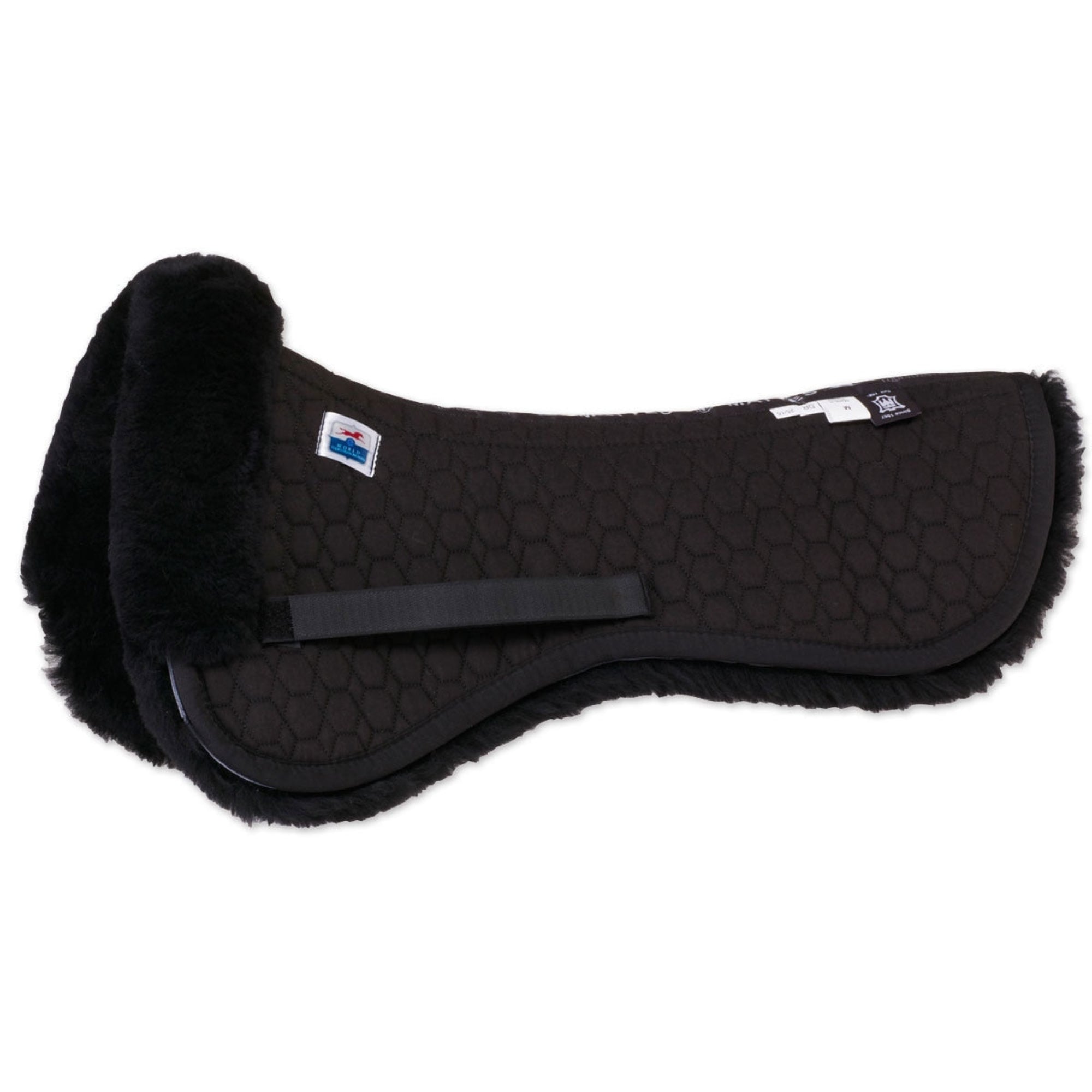 A black Mattes Dressage Sheepskin Half Pad with a quilted pattern and beige sheepskin edging.