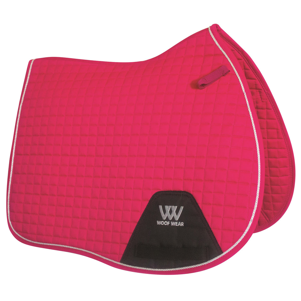 A red Woof Wear General Purpose Saddle Pad for ponies with silver binding and a black logo detail.