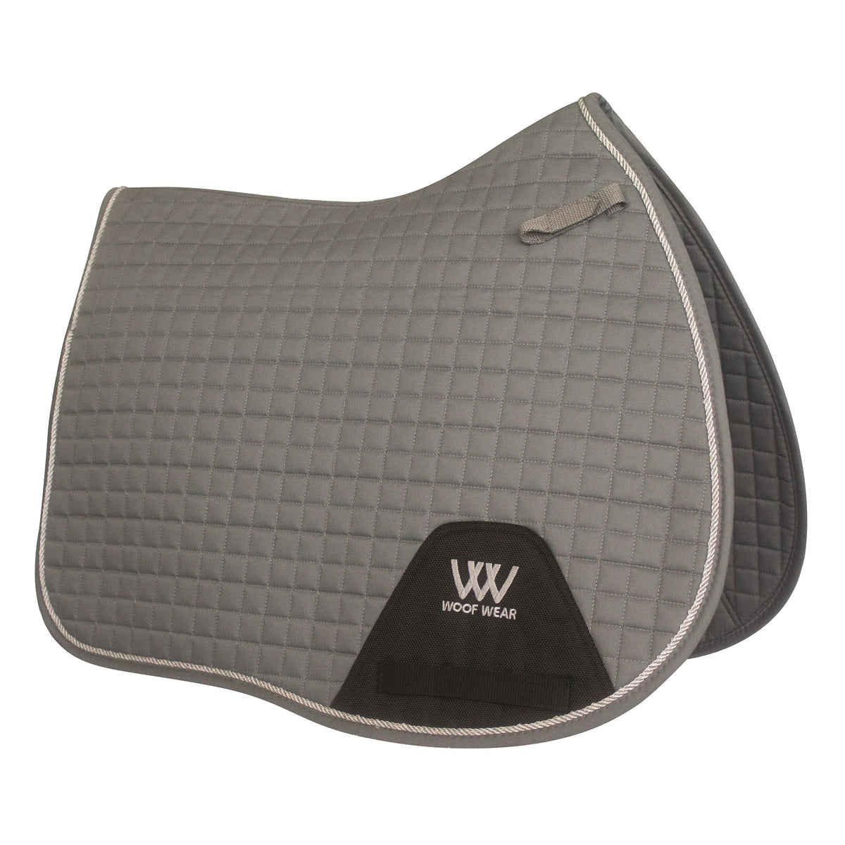 A brushed steel color quilted saddle pad with silver binding, featuring girth straps, and the Woof Wear logo.