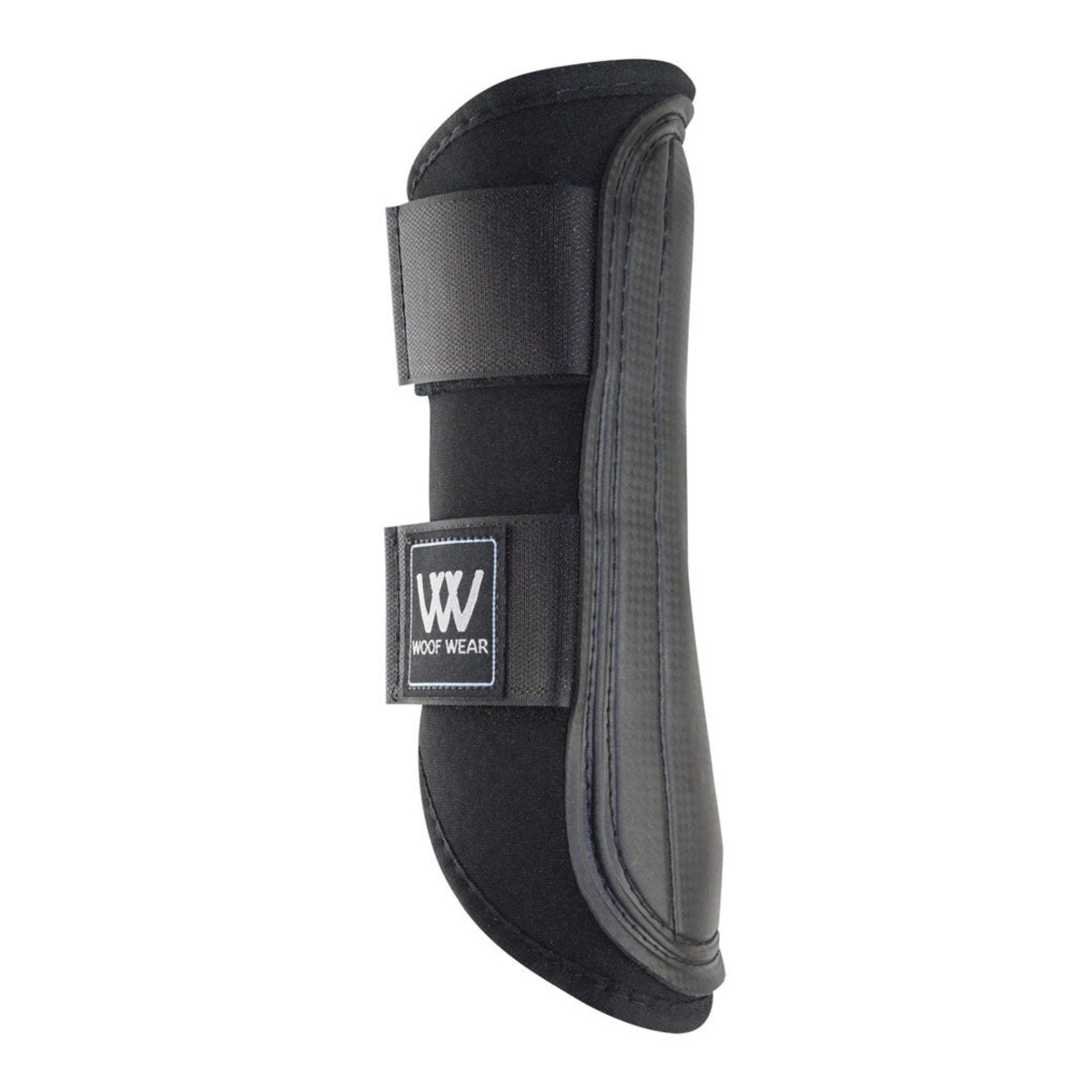 A black double-locking brushing boot for horses.